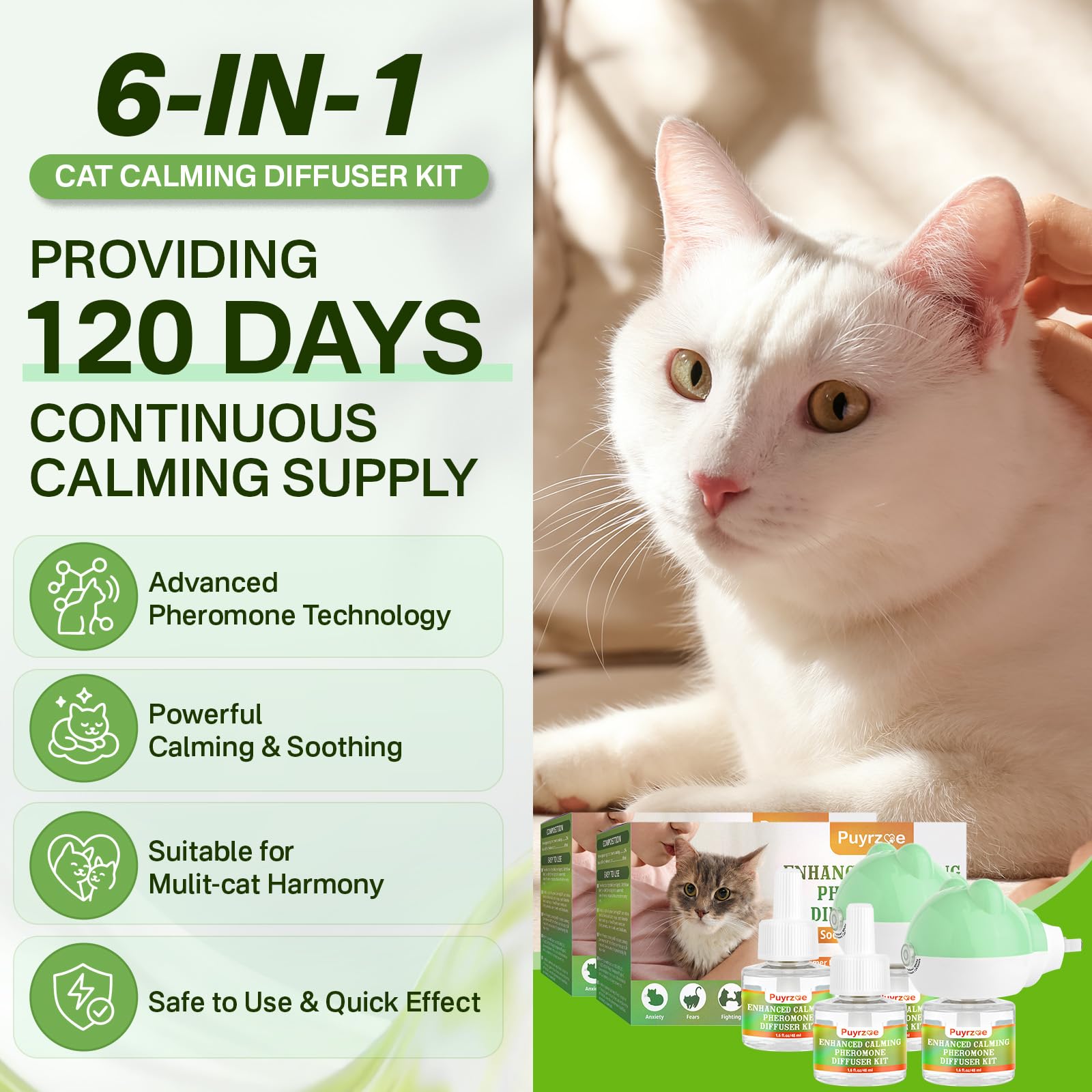 Cat Calming Diffuser with 3 Timing Functions, 6-in-1 Cat Pheromones Calming Diffuser Kit, 120-Day Anxiety Relief, Stress Reduction & Relaxation for All Cats (2 Diffusers + 4 Refills) - image 5