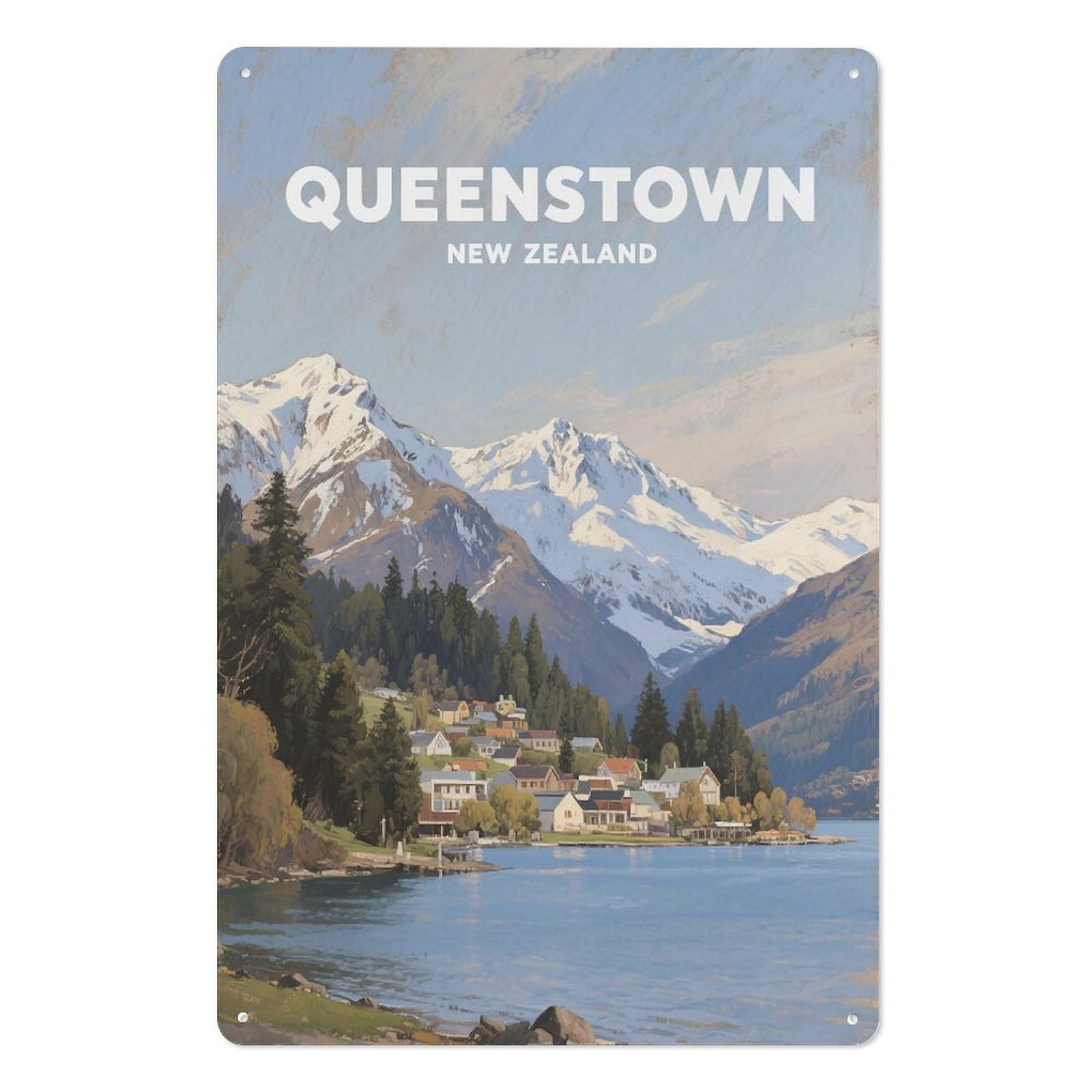 Queenstown New Zealand Retro Design Tin Paintings Vintage Tin Sign 08x12inch(20x30cm) Wall Art for Home Office Bedroom Living Room Cafes Wall Decor