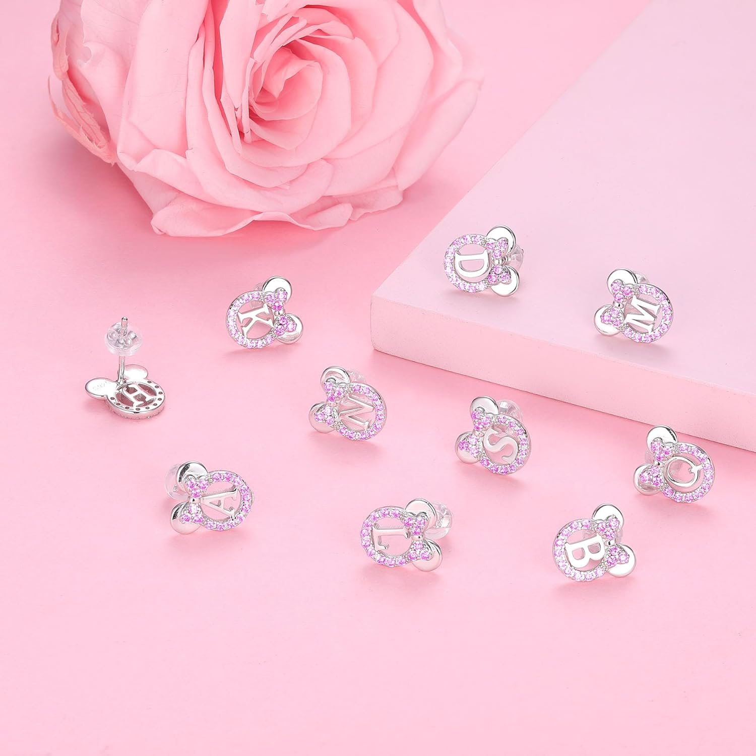 925 Sterling Silver Earrings for Girl Women: Hypoallergenic Initial Earrings with Pink Cubic Zirconia Cute Earrings Studs for Sensitive Ears Chirstmas Birthday Gifts - Image 5