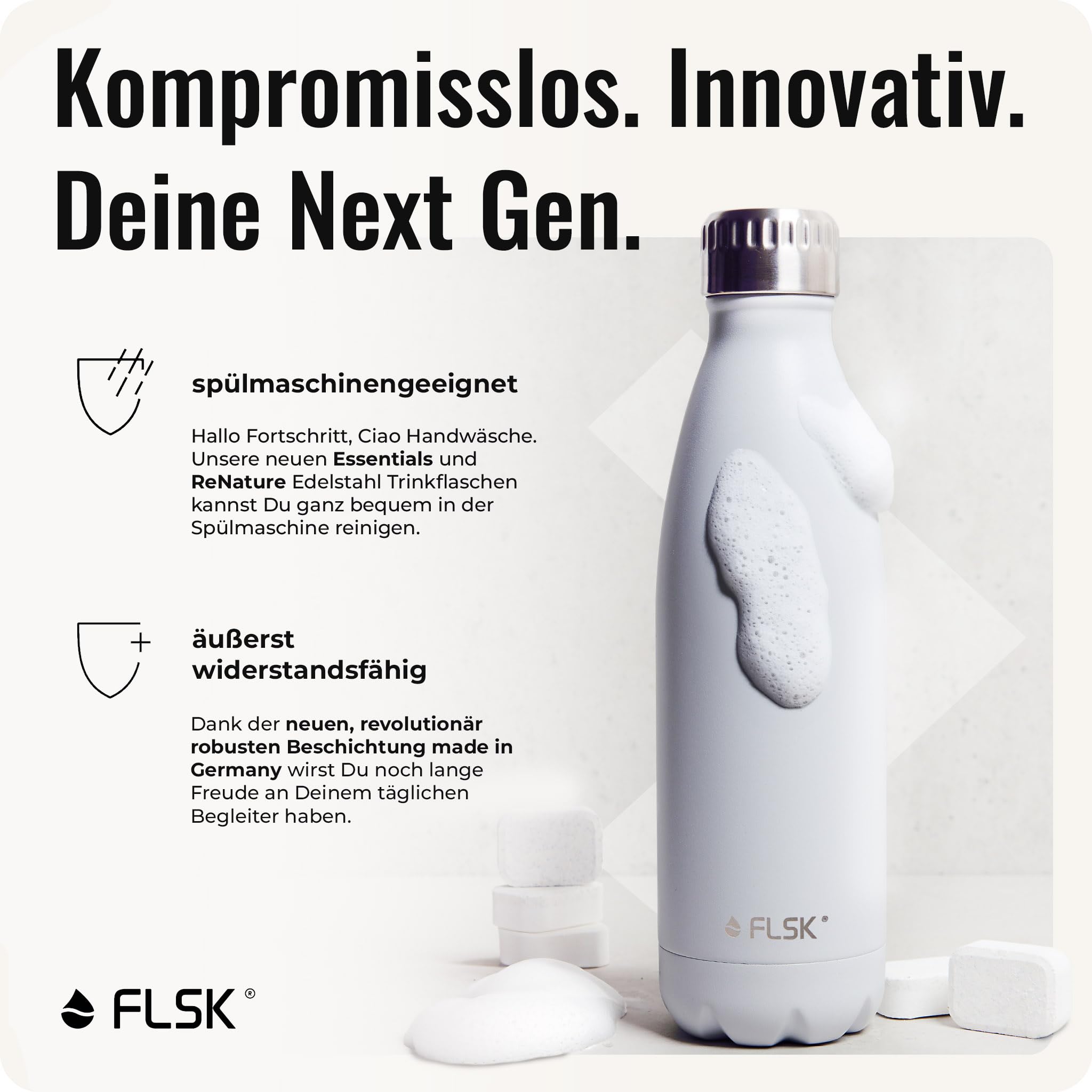 FLSK Botella de acero inoxidable Next Gen Essentials (500 ml, 750 ml, 1000 ml) – resistente, resistente al carbón y apta para lavavajillas, incluye embalaje sin árboles
