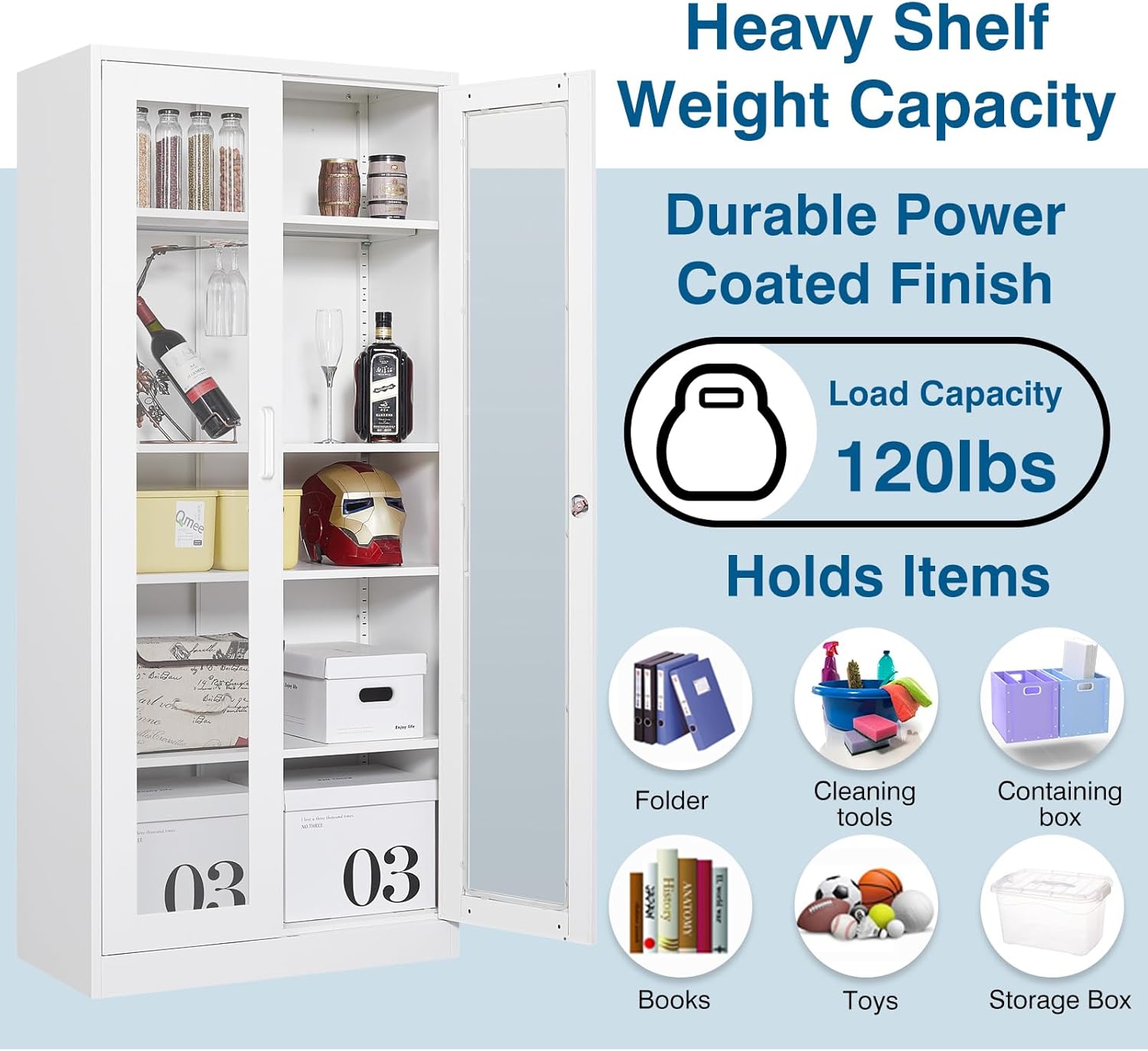 PEUKC Display Cabinet with Glass Doors, 71 Inches Metal Curio Storage Cabinets with 4 Adjustable Shelves, Locking Glass Cabinet Display Case for Home, Office, Clinic, Pantry (White)