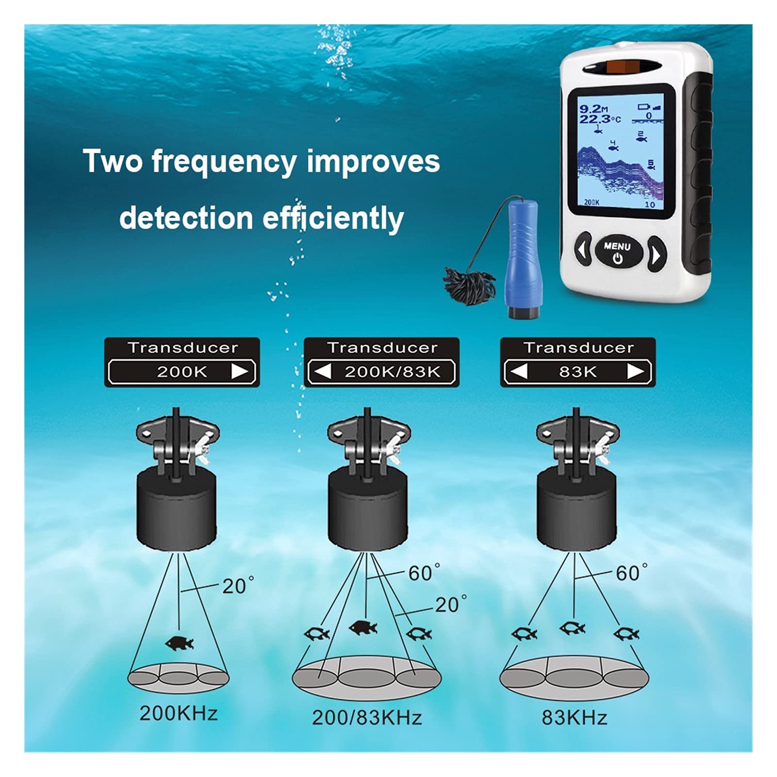 Buscador de Peces, 2. " LCD Finder portátil de Pescado al Aire Libre 200kHz / 83kHz Dobsar Doble Sonar 100M Detector for Pesca con Hielo
