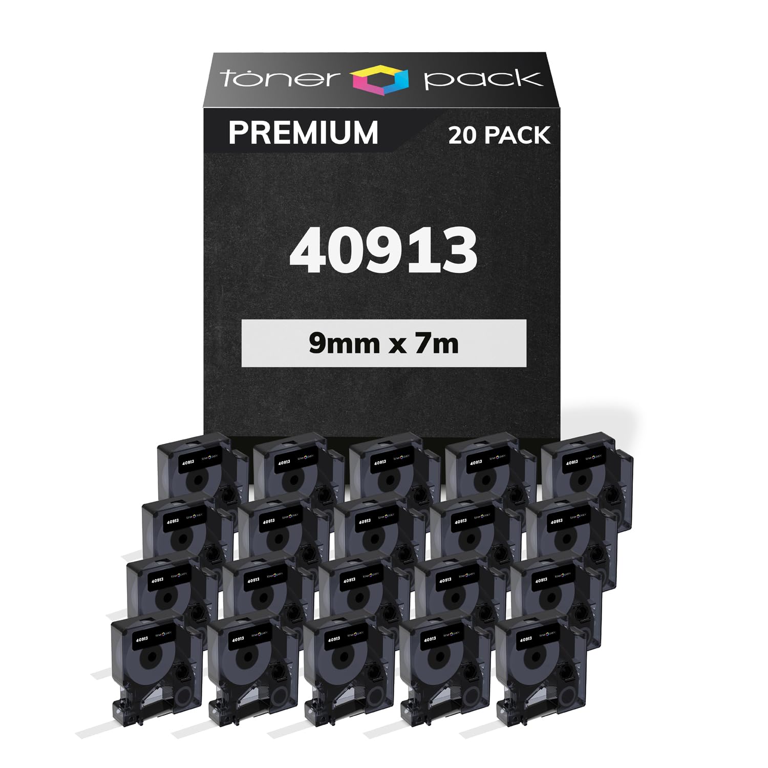 TONER PACK 40913 Etiquetas Cintas Compatibles Blancas y Texto Negro 9mm x 7m para Dymo 160 210D 260P 280 360D 420P 450D (20 Unidades)