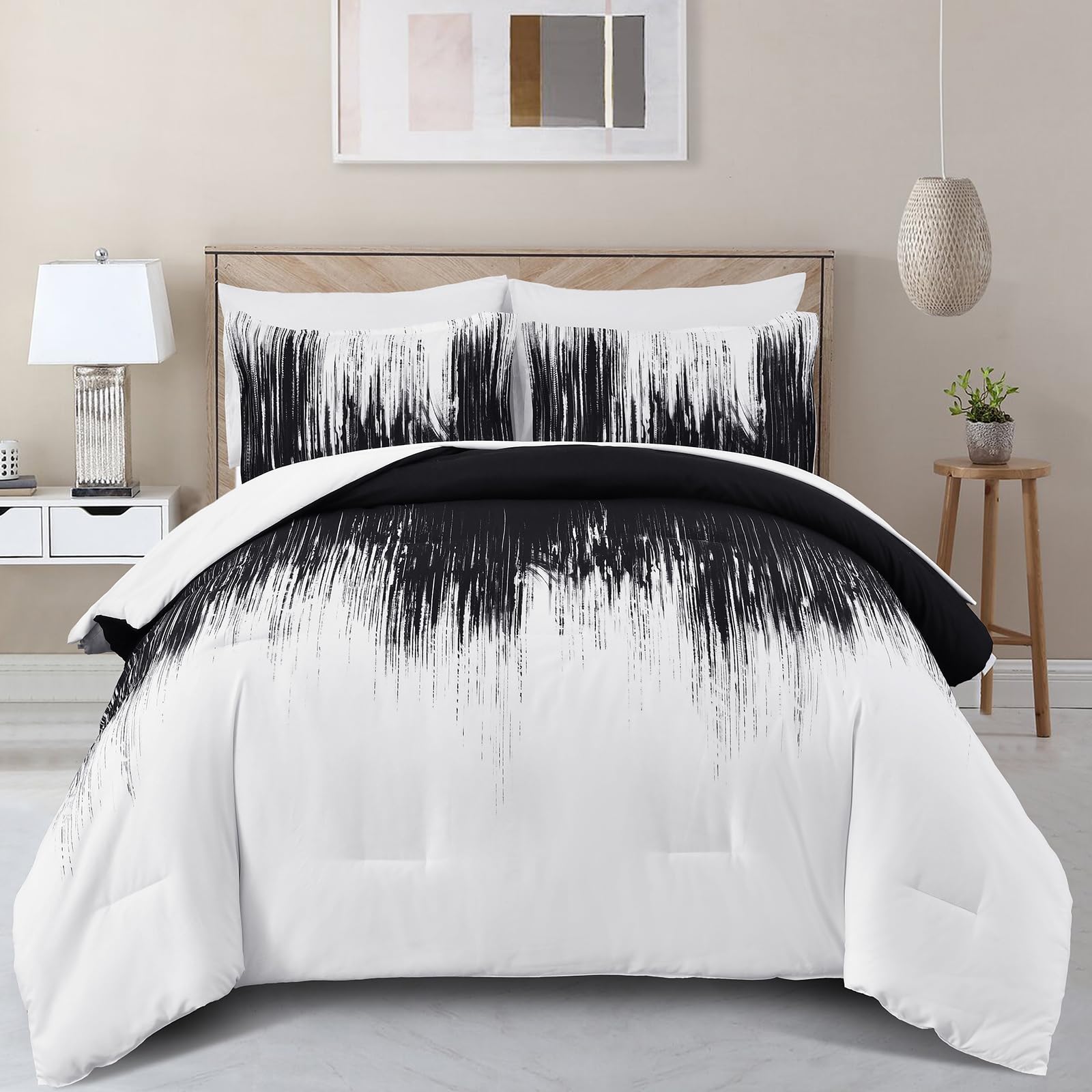 Dinjoy Ombre Black Comforter Set Queen Size Gradient Black White Boho Bedding Set for Teen Men Women 7 Pieces Bed in A Bag Bohemian Bed Set with Comforter, Sheets, Pillowcases & Shams