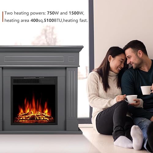 Miniatura 4 de R.W.FLAME Chimenea eléctrica con chimenea envolvente de madera, chimenea independiente gris, soporte de TV con troncos y jaspeado, marco LED 3D