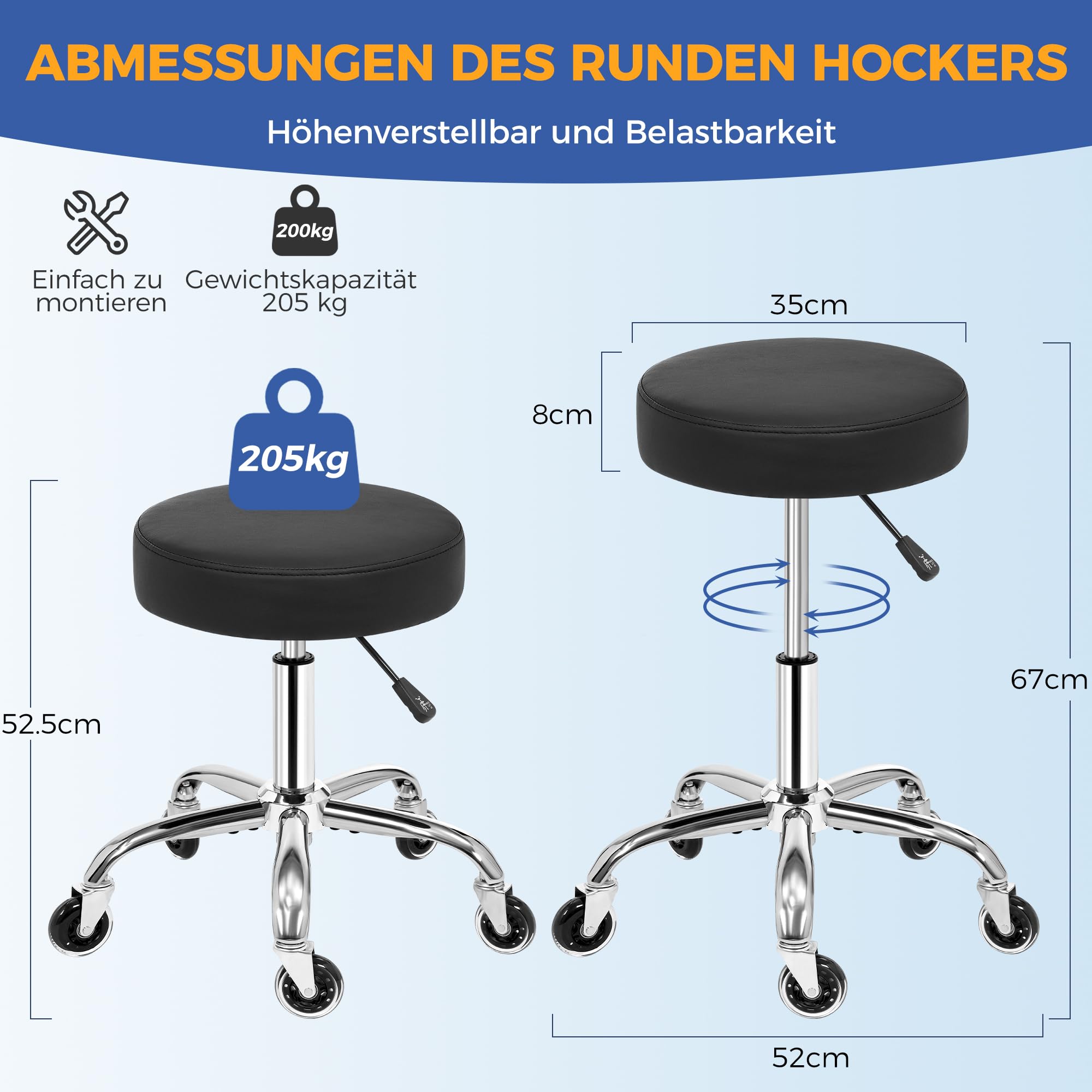 ANWBROAD Rollhocker höhenverstellbar mit Rollen 360° Drehhocker Hocker, Arbeitshocker bis 205 kg belastbar PU-Sitzpolsterung für Salon Spa, Haushalt und Kliniken Schwarz WSC001B