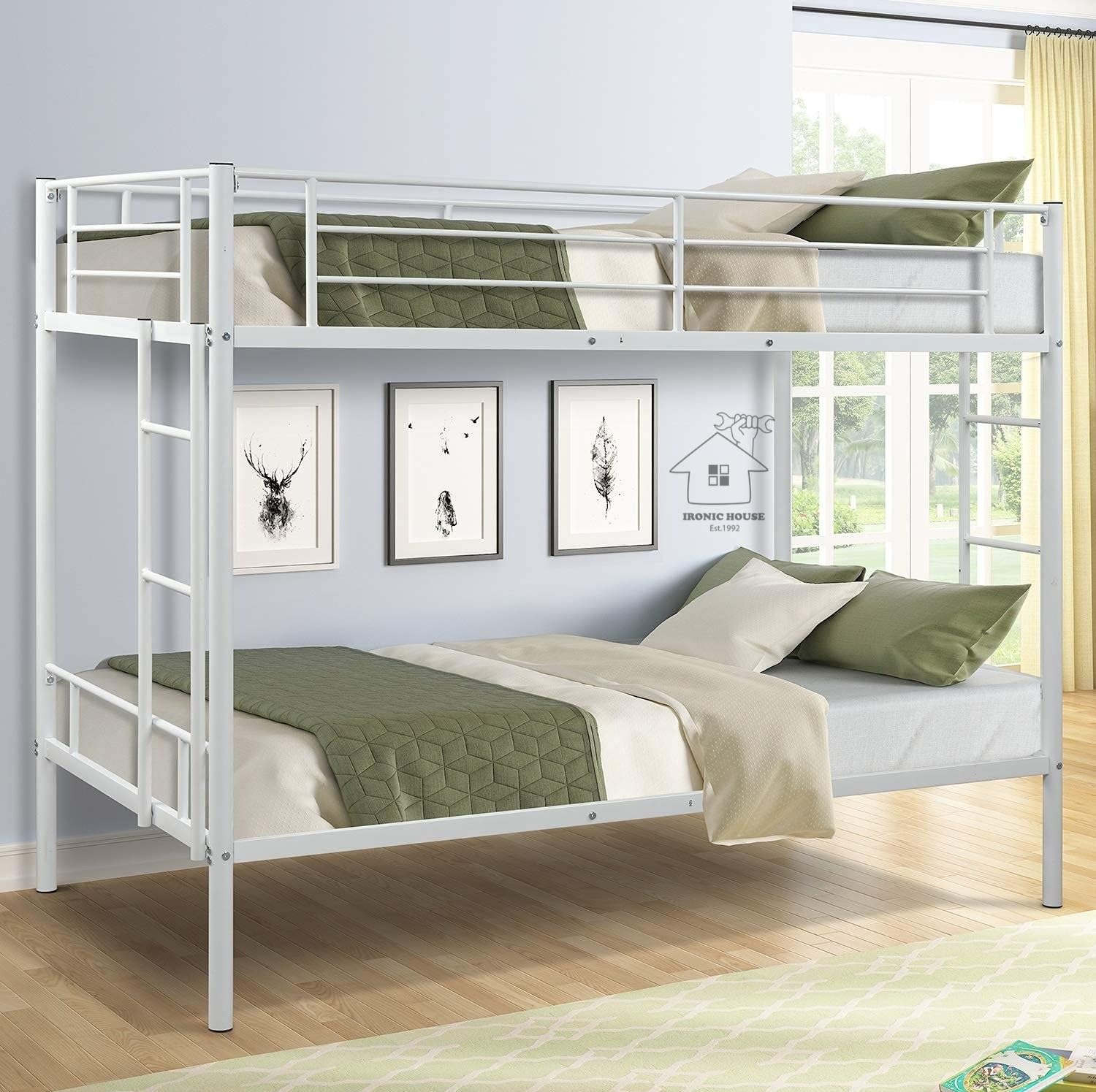 Twin Over Twin Metal Bunk Bed with Two-Side Ladders Only Frame (Glossy White)-image-27