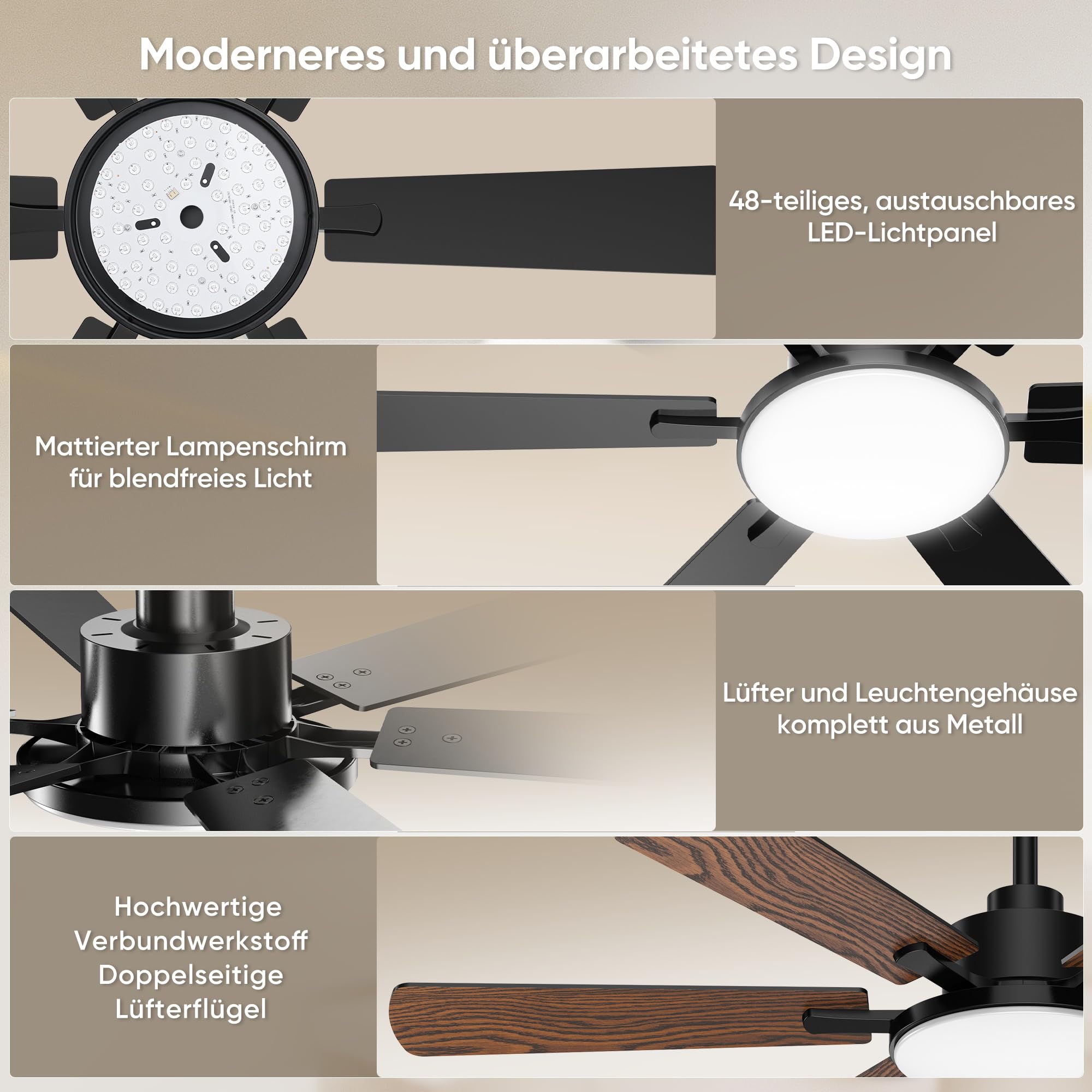 Deckenventilator mit Beleuchtung 132cm 6 Blätter Fernbedienung Leiser Reversibler Gleichstrommotor 6 Gänge 3CCT Dimmbare LED Doppelseitige Flügeln