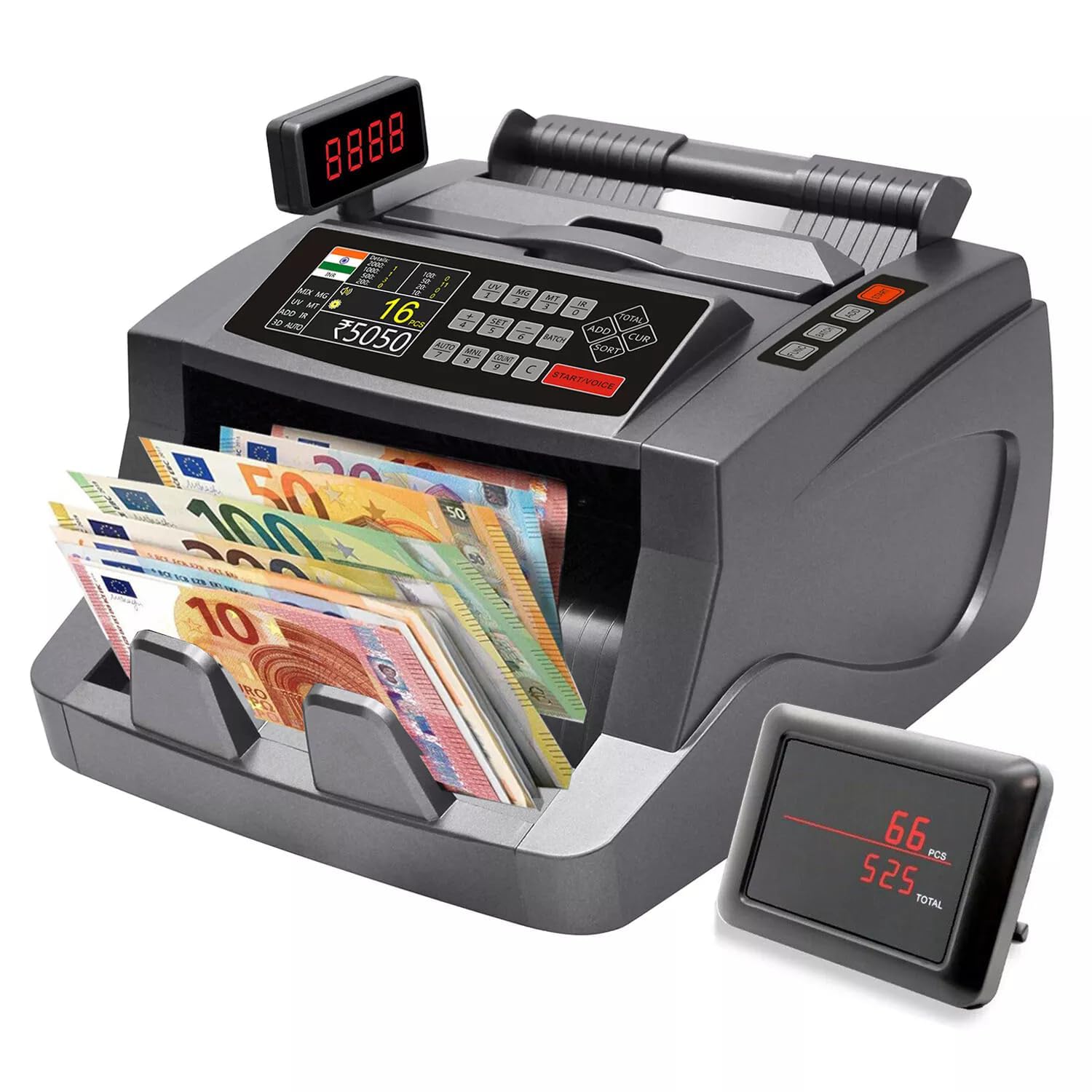Contatore di banconote con display a LED, conteggio valori misti in euro con rilevamento delle banconote false UV/MG/IR, conta 1000 banconote al minuto