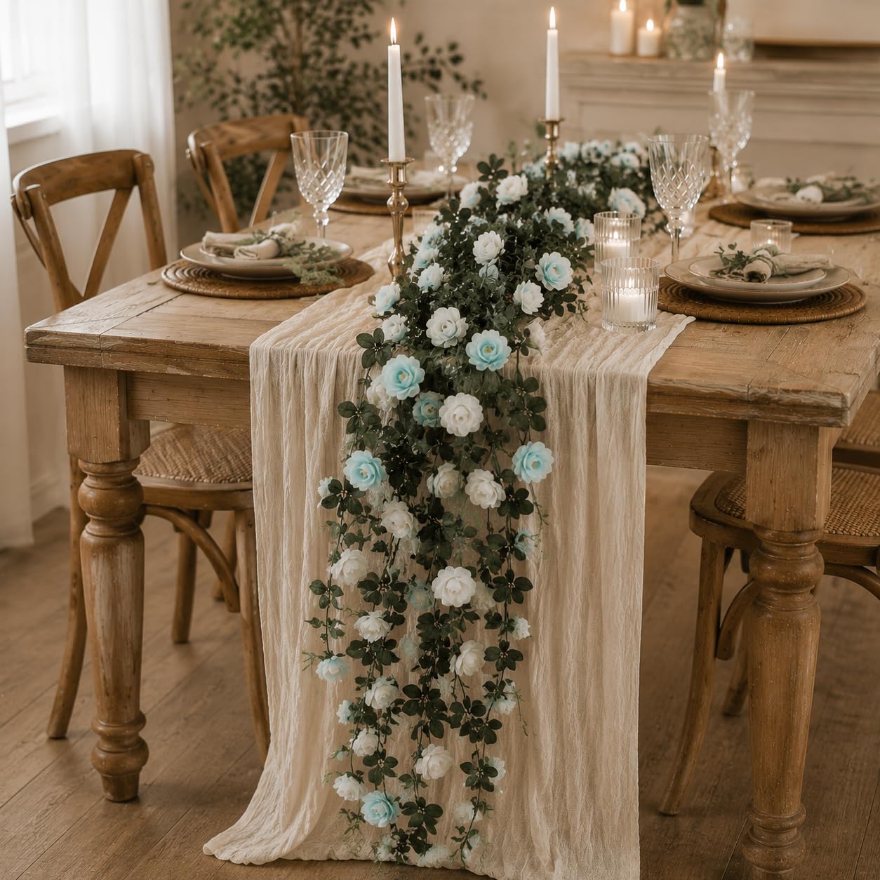 LZJDHKJ 6Pcs Artificial Flower Garland Silk Fake Flower Greenery Vines for Wedding Home Party Table Runner Centerpiece Decoration Blue,One Size