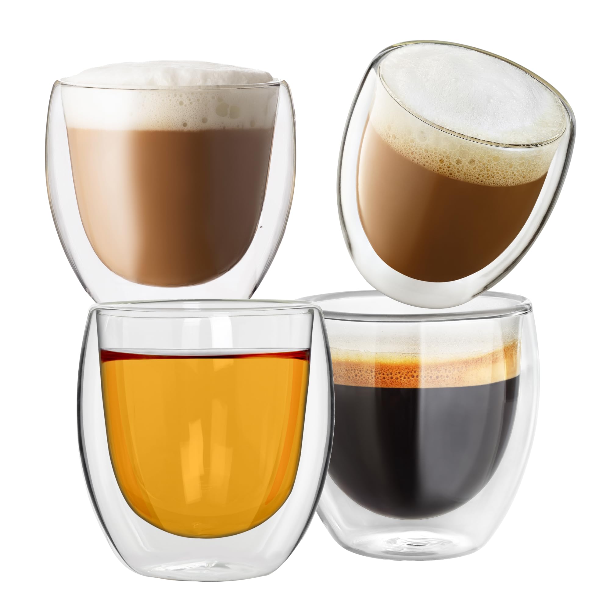 KAZOMO Double Walled Glass Coffee Mugs Set of 4, 3.5 OZ Clear Glass Insulated Mugs for Cappuccino, Tea, Latte, Cups, Beverage Glasses Heat Resistant