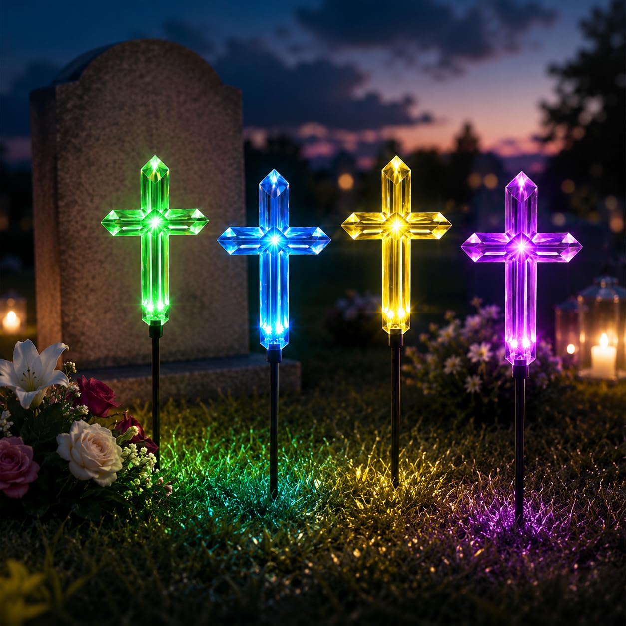 4 Pack Solar Cross Garden Stake Lights for Cemetery Grave, Warm White/7 Color Changing LED Pathway Light,19 inch Outdoor Waterproof Solar Crosses for Lawn Garden Yard & Memorial Decoration (Colored)