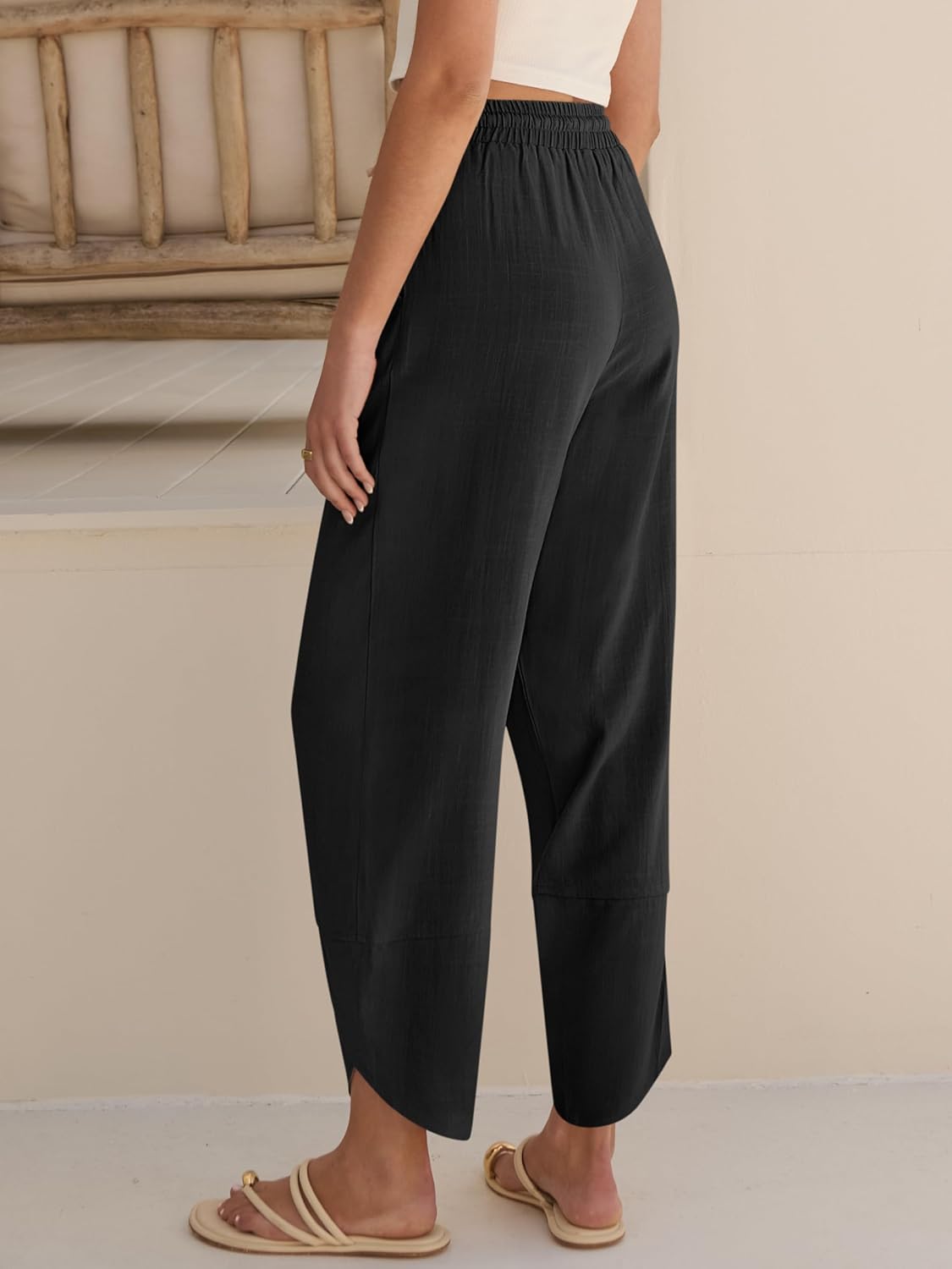 Caracilia Womens Wide Leg Capri Palazzo Pants Drawstring Casual Lounge Flowy Summer Beach Vacation Crop Trousers with Pockets - Image 4