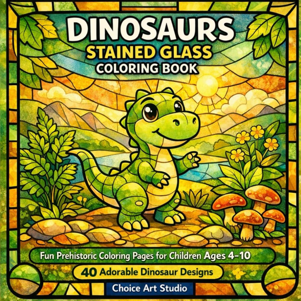 Dinosaurs Stained Glass Coloring Book for Kids Ages 4-10: 40 Adorable Dinosaur Designs | Fun Prehistoric Coloring Pages for Children | Perfect Gift for Dino Lovers