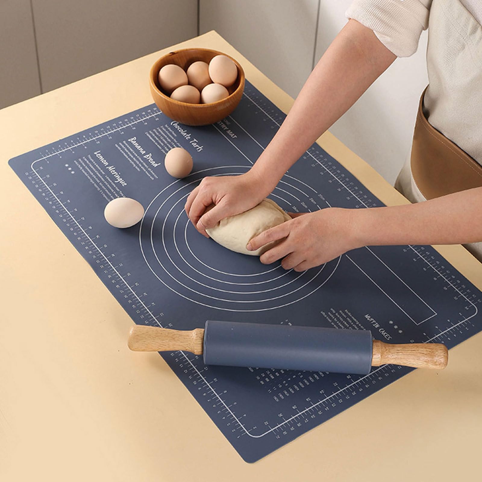 Artibetter Tapete de Silicona para Amasar Pan Antideslizante Rodillo de Madera, Estera de Masa Reutilizable para Pizza y Repostería, Superficie Lisa Azul