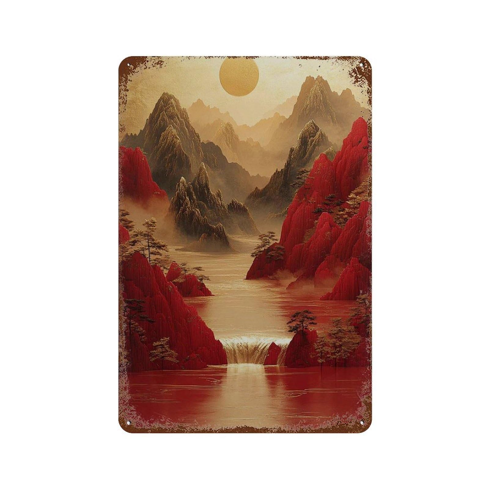 xiaoxiaoshen Red Mountain Waterfall – Golden Sun Asian Landscape Tranquil And Gold Nature Sce Wall Decor Art Metal Tin Poster Modern Home Decor Art Home Bar Shop Decorations Vintage Sign 30x20cm