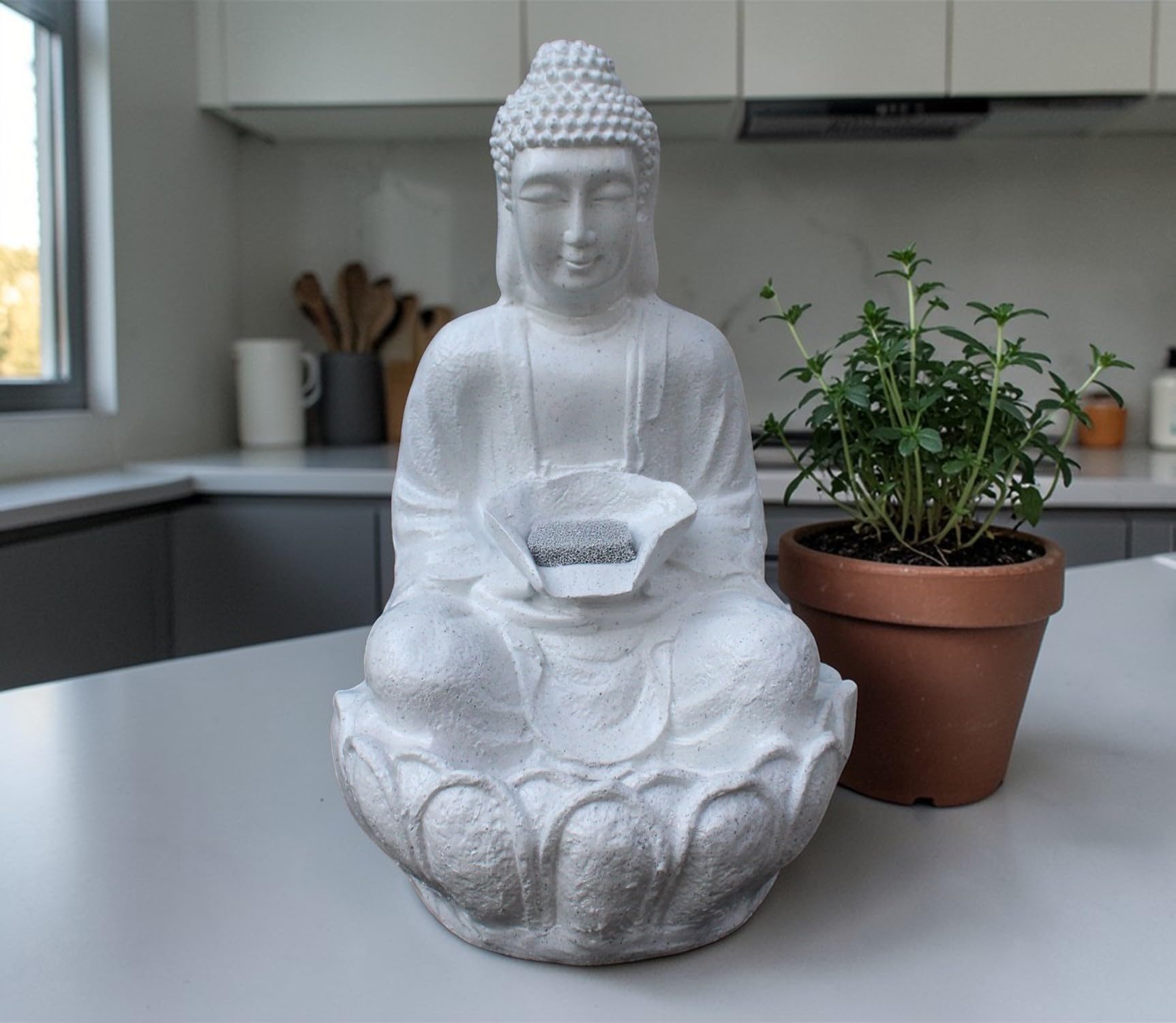 Premium Lotus Water Fountain with led Light for Decor, Meditation Fountain Buddha Statue for Home, Office, Indoor, Outdoor Decoration, Waterfall Fountain Fiber with Resin (26inch H) White-picture-24