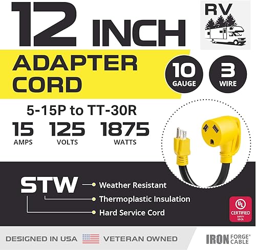 Miniatura 2 de IRON FORGE CABLE Adaptador RV de 15 Amp a 30 Amp - Enchufe macho 103 STW 5-15P a hembra TT-30R, amarillo