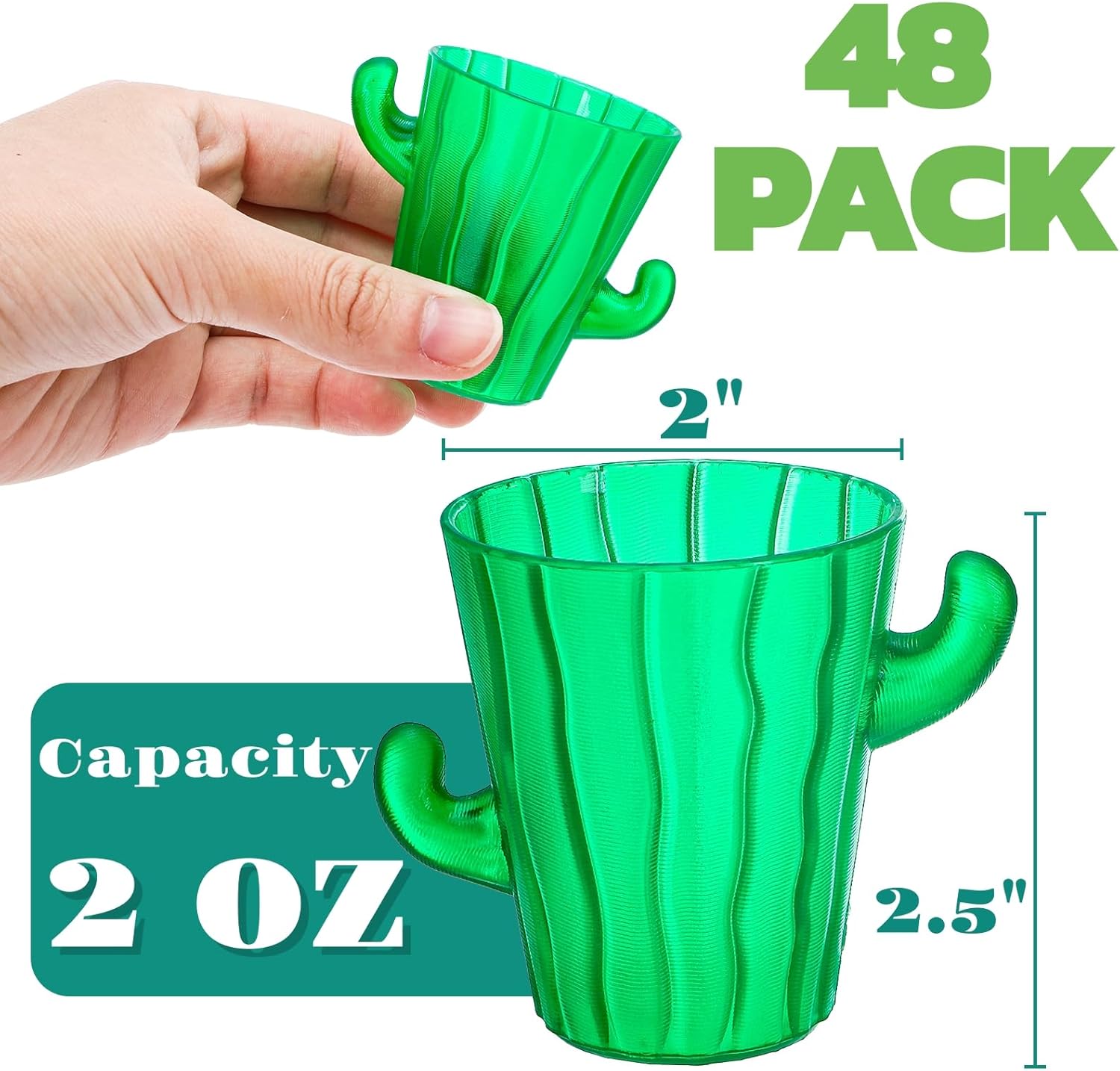 48 Pack Plastic Cactus Shot Glasses, 2 OZ Funny Tequila Glasses, Cute Cactus Party Cup, Novelty Cocktail Cups for Bachelorette, Birthday, Margarita, Fiesta, Cinco de Mayo, Mexican Theme Party