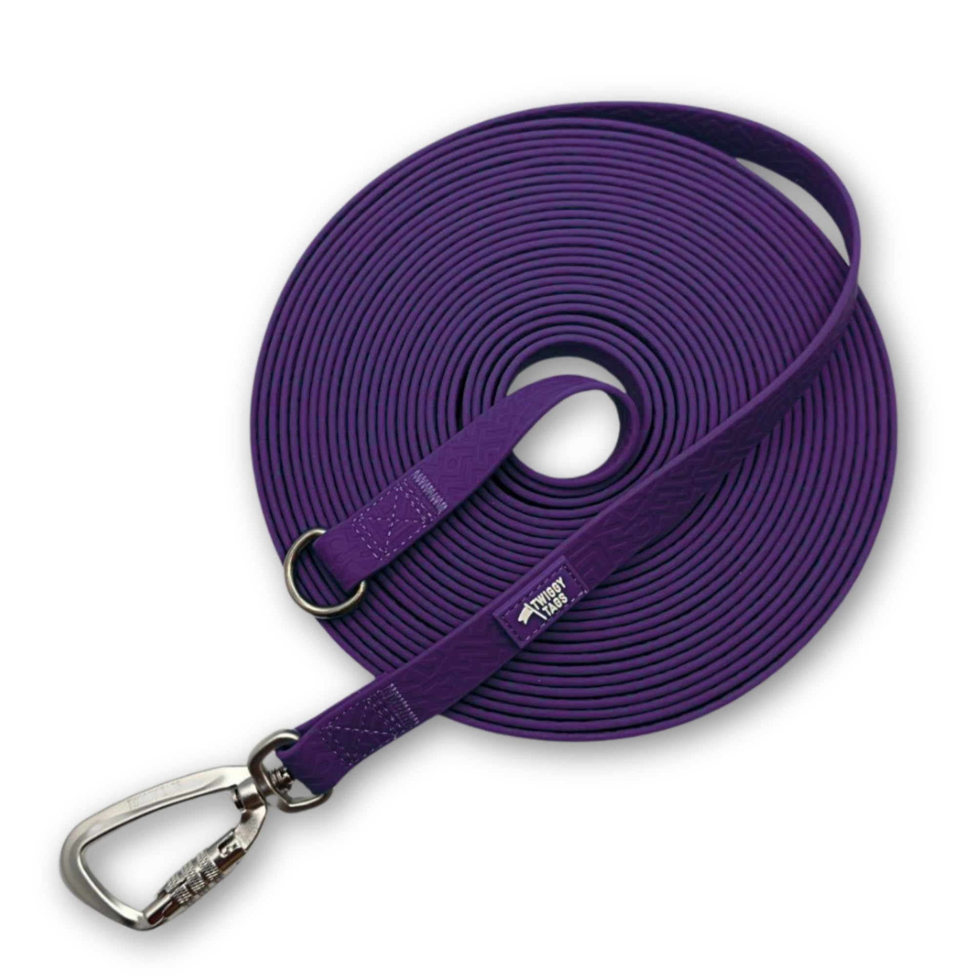 Twiggy Tags Tidal Dog Training Longline | 100% Waterproof Dog Lead Easy Clean | Locking Carabiner, Durable | Suitable For All Dog Breeds | Wipe-Clean, Stink-Proof | 5m | Amethyst Purple