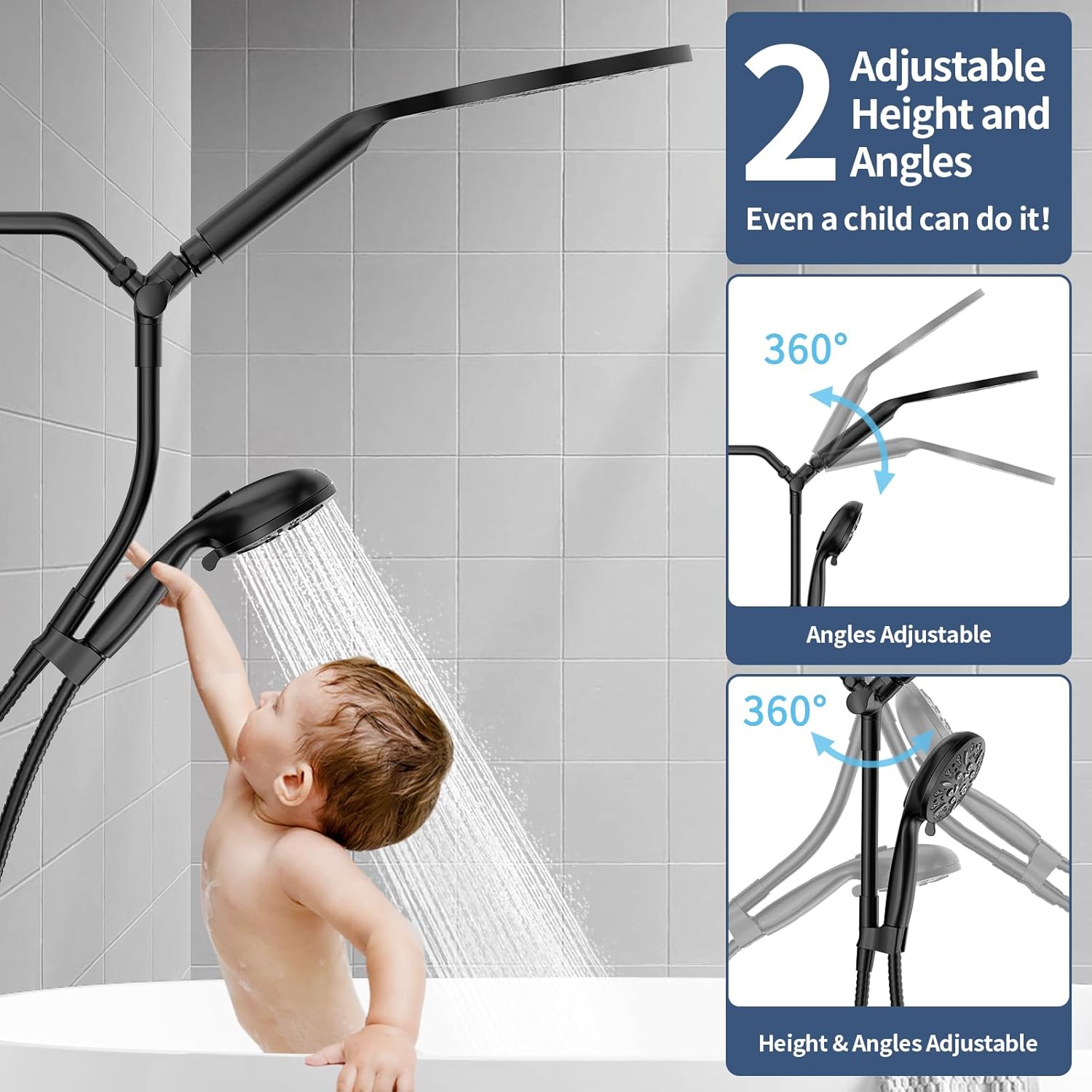 KAIYING Dual Shower Heads with Handheld Spray Combo, High Pressure Modern Rain Shower Head with 9-Mode Handheld Showerhead, Double Rainfall Shower Head with 79-Inch Stainless Steel Hose (Matte Black)