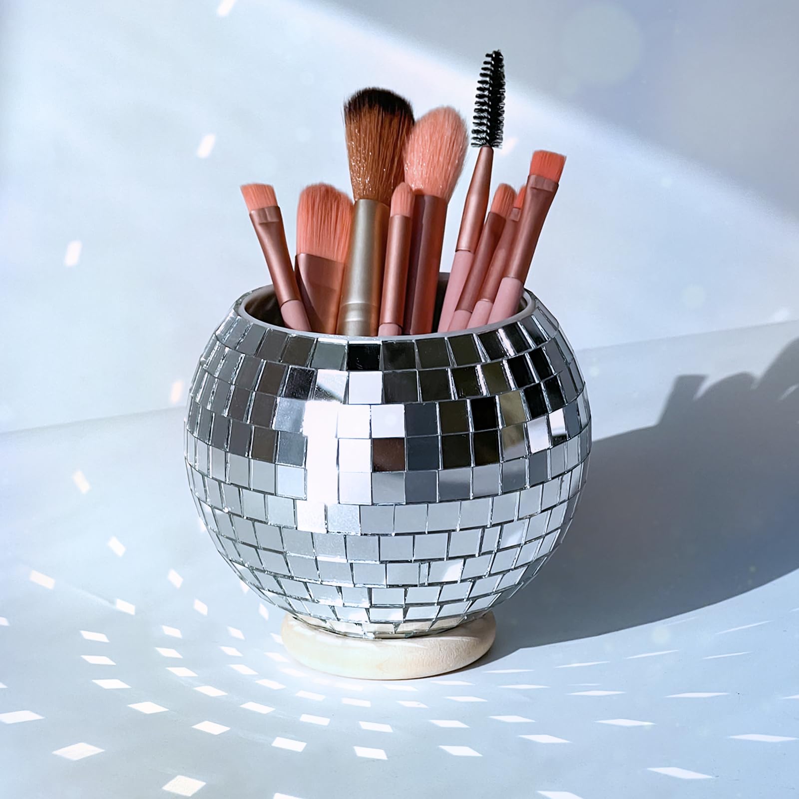 FlidRunest Disco Makeup Brush Organizer Mirror Ball Cosmetic Brush Cup, Reflects Light Unique Storage Holder for Counter, Dresser, Bedroom
