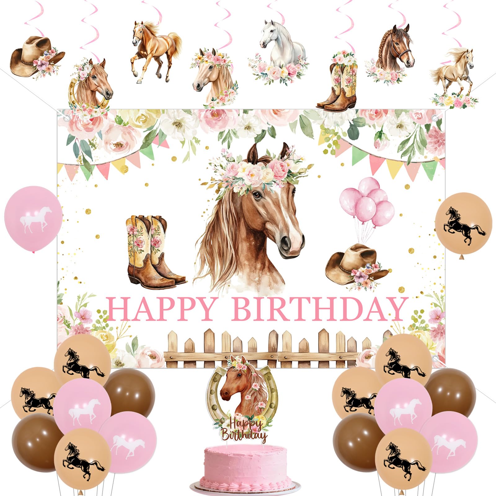 Jollyboom Horse Birthday Party Decorations Girl, Western Cowgirl Birthday Party Decorations Backdrop Banner Balloons Hanging Swirls Ceiling Streamers Cake Topper for Western Party
