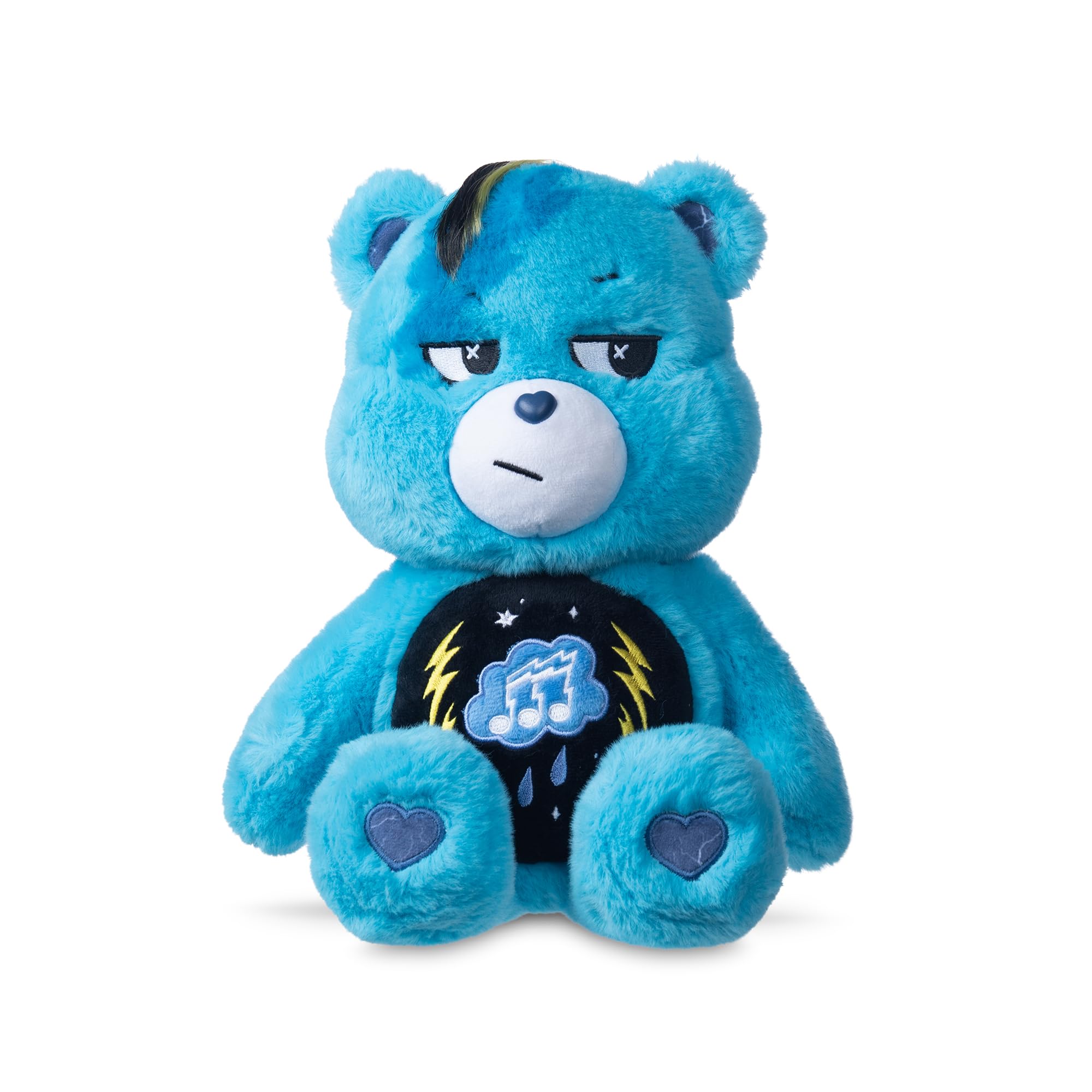 Basic Fun Care Bears 22cm Rock Theme Plush  Grumpy Bear Eco-Friendly Soft Toy with Lightning Belly Badge  Collectible Plush for Kids & Fans, Blue, 14"