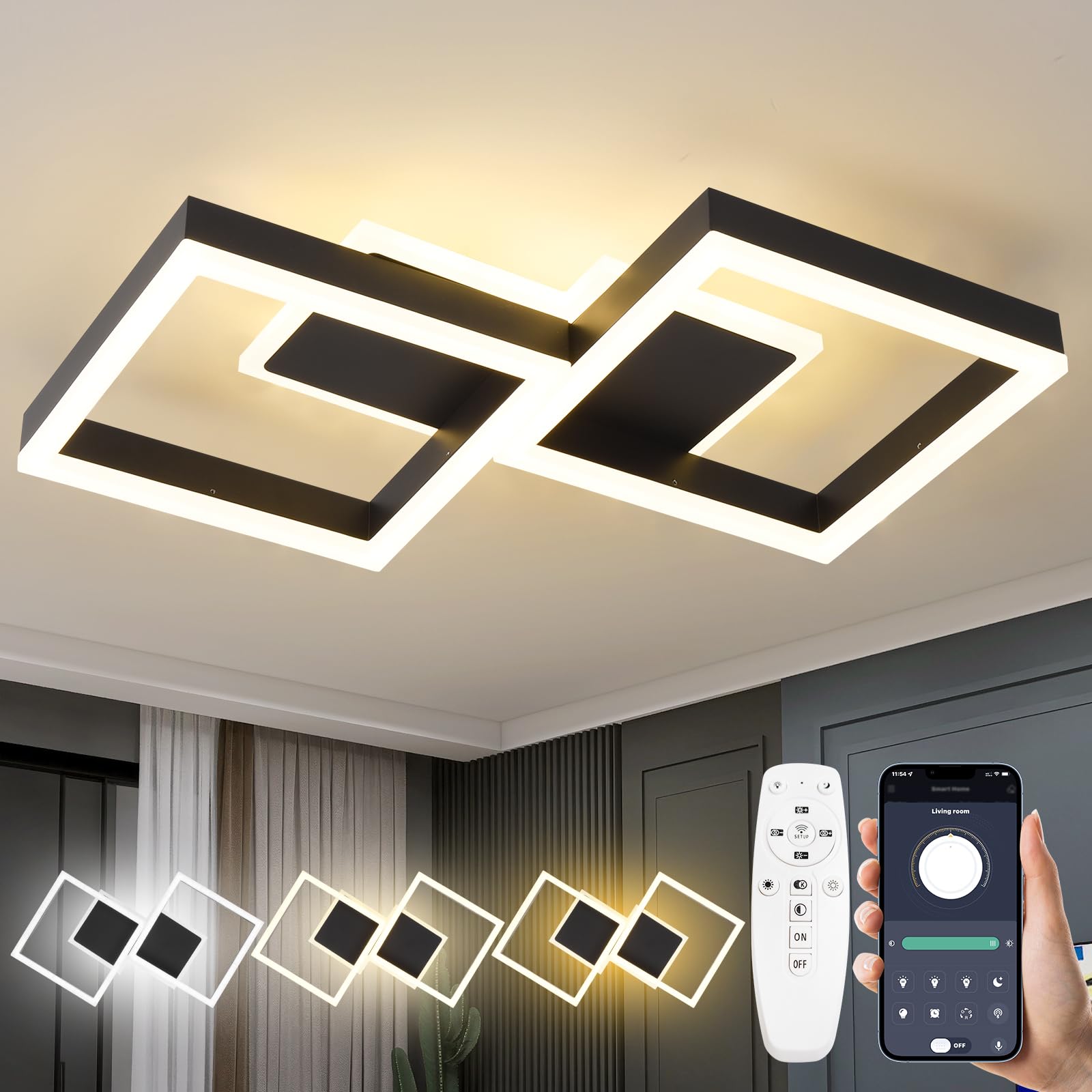 Deckenleuchte mit Fernbedienung,Dimmbare LED Deckenlampe mit Einstellbarer Farbtemperatur (3000K-6000K),32W Moderne Design Deckenbeleuchtung für Wohnzimmer,Schlafzimmer,Küche,Kinderzimmer, Schwarz