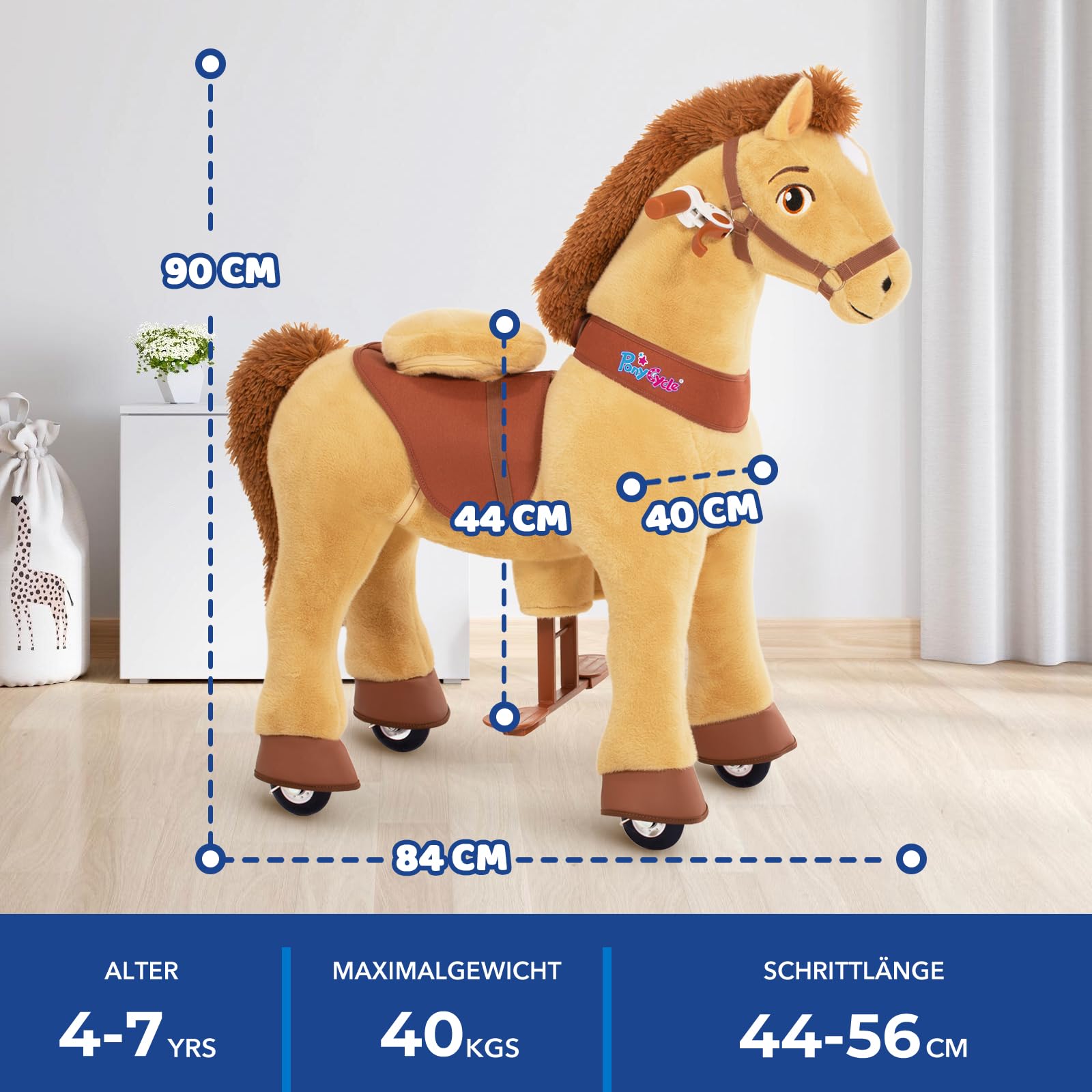 PonyCycle® Schaukelpferd auf Rollen | für Kinder 4–7 Jahre, 90cm | Hellbraunes Plüsch Reitpferd mit Handbremse | Stehpferd, Schaukeltier, Indoor & Outdoor | Basis Modell E – E436