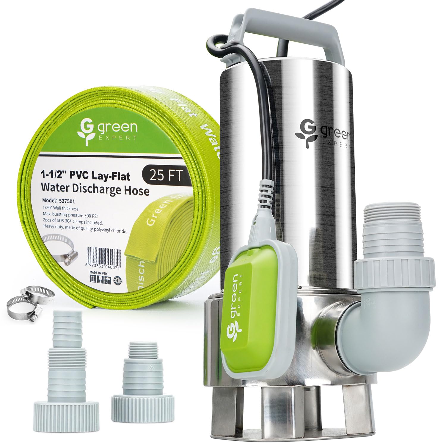 Photo 1 of Green Expert 1.5HP Submersible Sump Pump Kit with 25 ft Lay-Flat Discharge Hose, 6000 GPH 304 Stainless Steel Water Removal Pump with Tethered Float Switch for Basement, Sump Pit & Pool Drainage