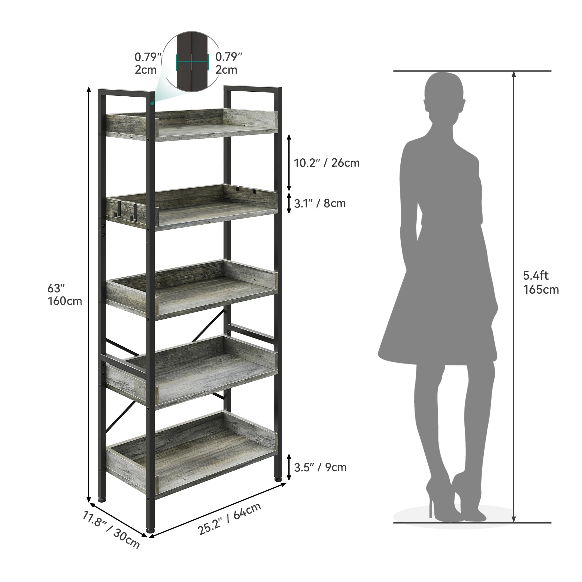 Libreria Industriale YITAHOME A 5 Ripiani - Scaffale In Legno E Metallo, 160cm, Con Ganci, Per Soggiorno O Ufficio