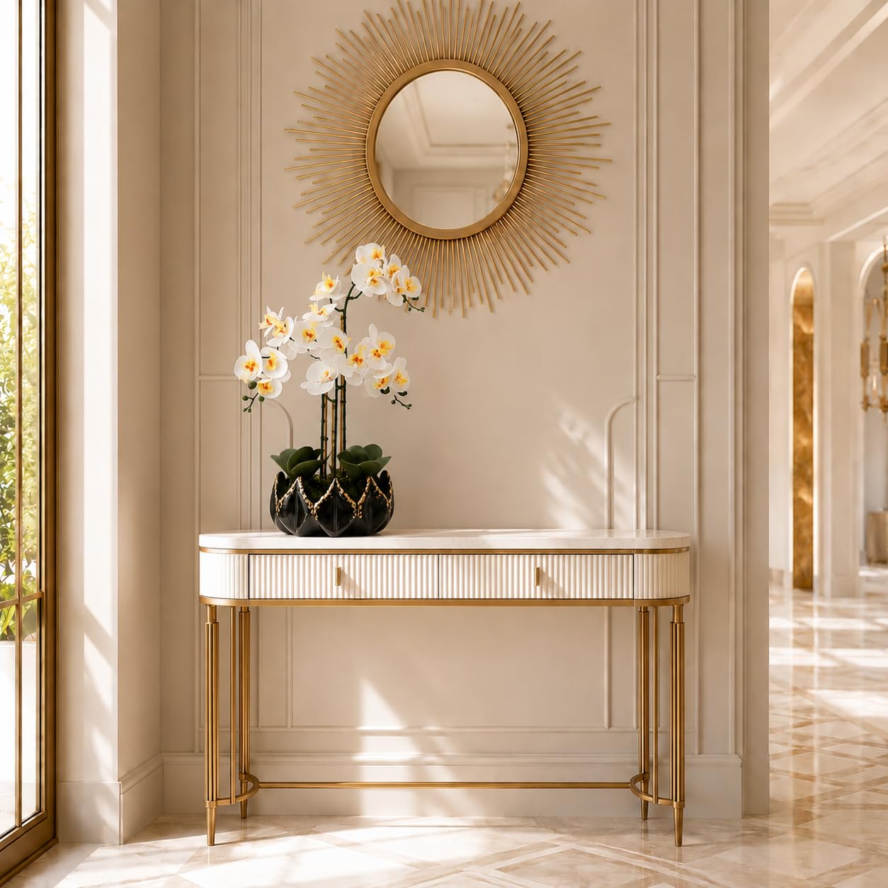 Orquídeas artificiales de 70 cm – Orquídea artificial Phalaenopsis hecha a mano en maceta de cerámica negra y dorada con bambú auténtico, sin mantenimiento – Decoración (negro y dorado)