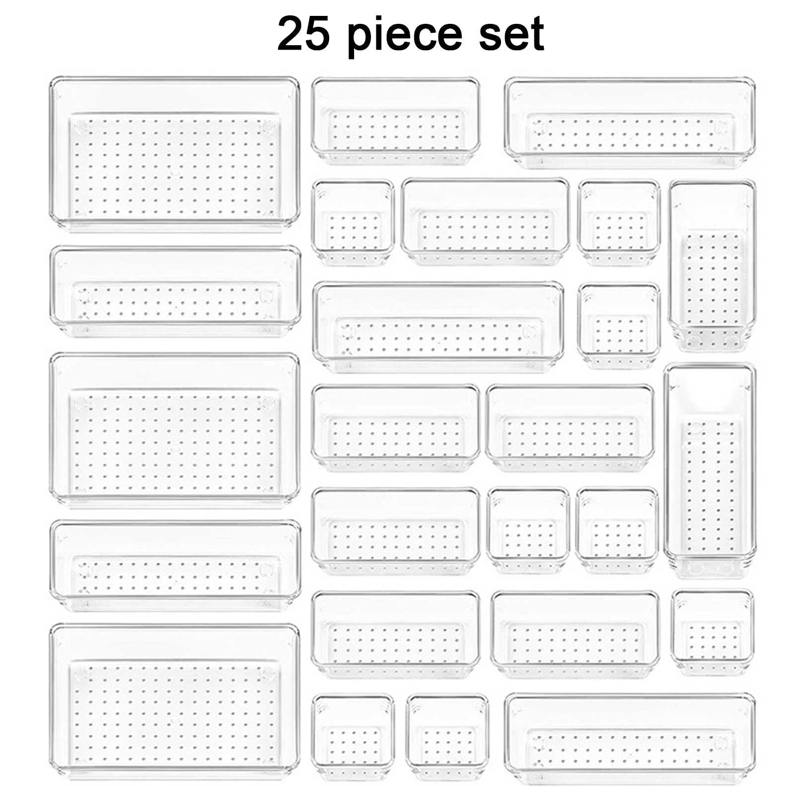 Set di organizzatori di cassetti in plastica Trasparente da 28 Pezzi, vassoi da Bagno Versatili e vanità 4-Misura, for Trucco, Gioielli, Utensili da Cucina e Ufficio