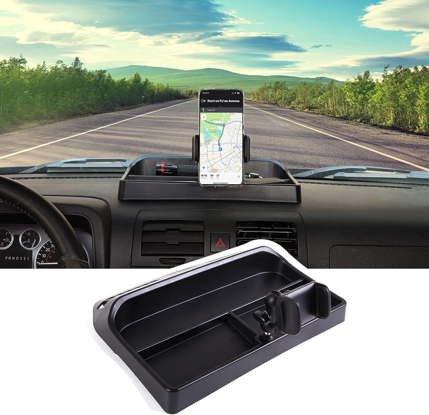 PIUGILH Fit for H3 Phone Holder Multi-Functional Phone Mount Center Console Dash Tray Dashboard Storage Box Organizer for Hummer H3 2005-2009,ABS Black