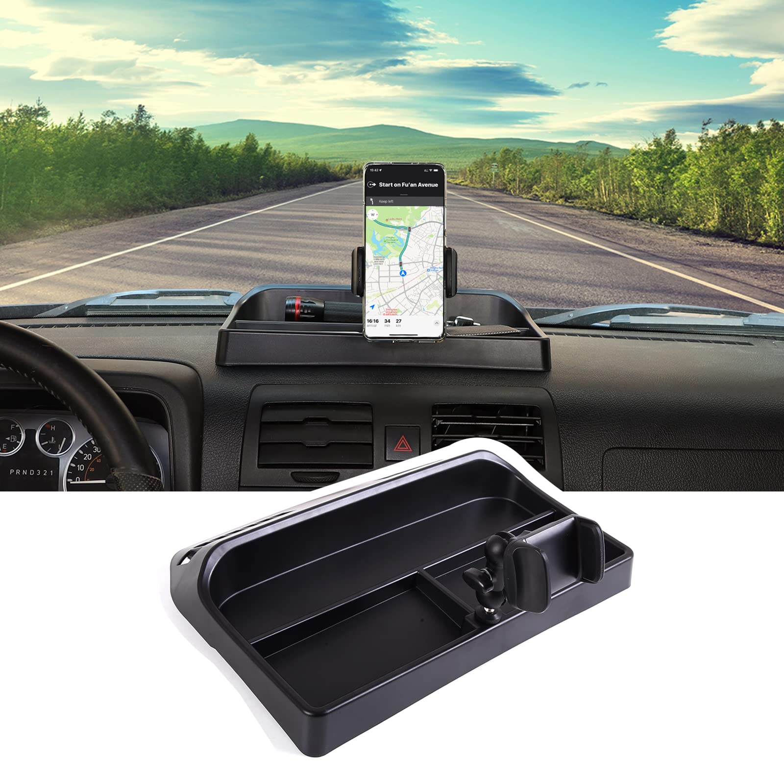 PIUGILH Fit for H3 Phone Holder Multi-Functional Phone Mount Center Console Dash Tray Dashboard Storage Box Organizer for Hummer H3 2005-2009,ABS Black