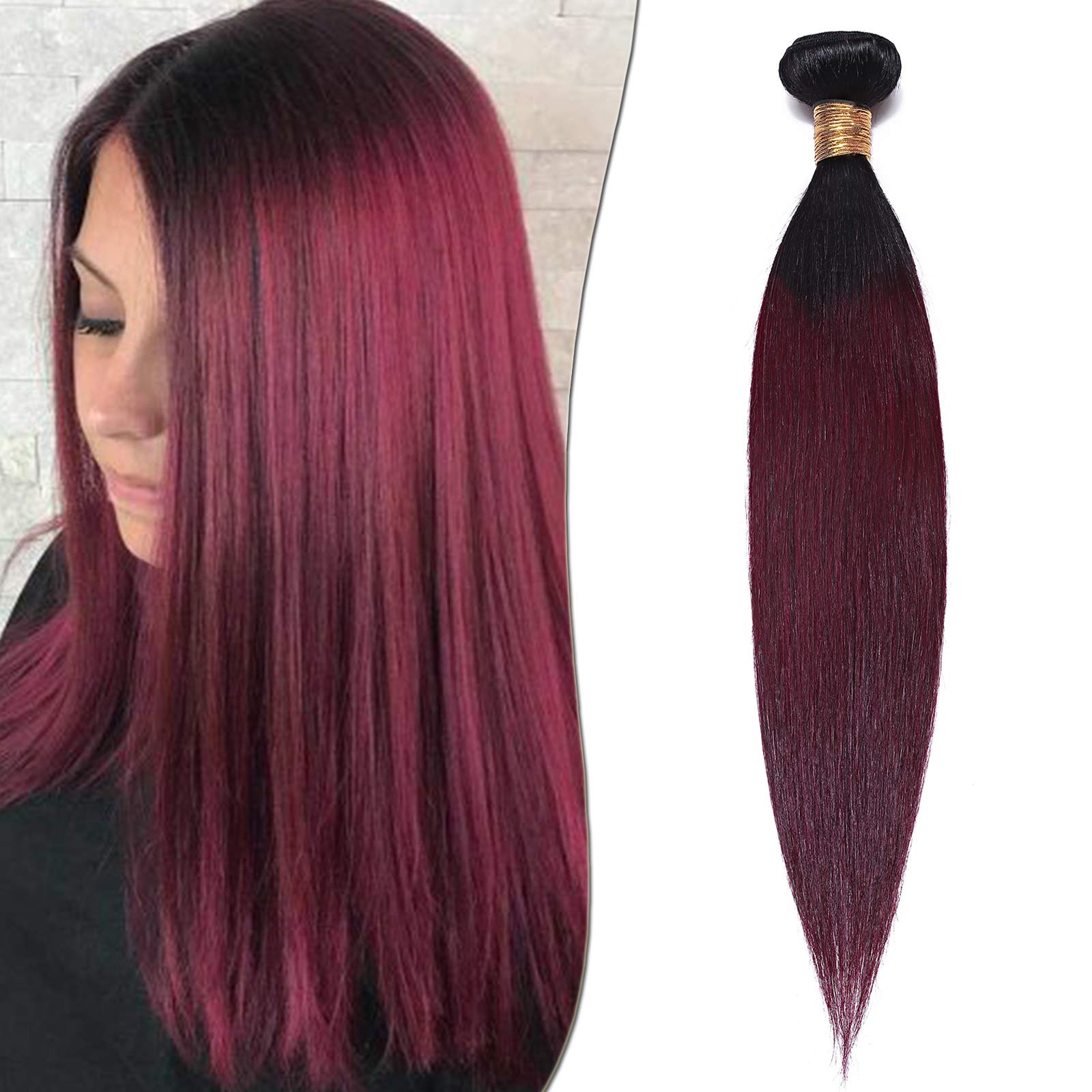 SEGO Extension Capelli Veri Tessitura Matassa Virgin Human Hair Brasiliani Shatush 100g Capelli Lisci per Cucire 25cm #1BT99 Nero Naturale/Rosso Borgogna