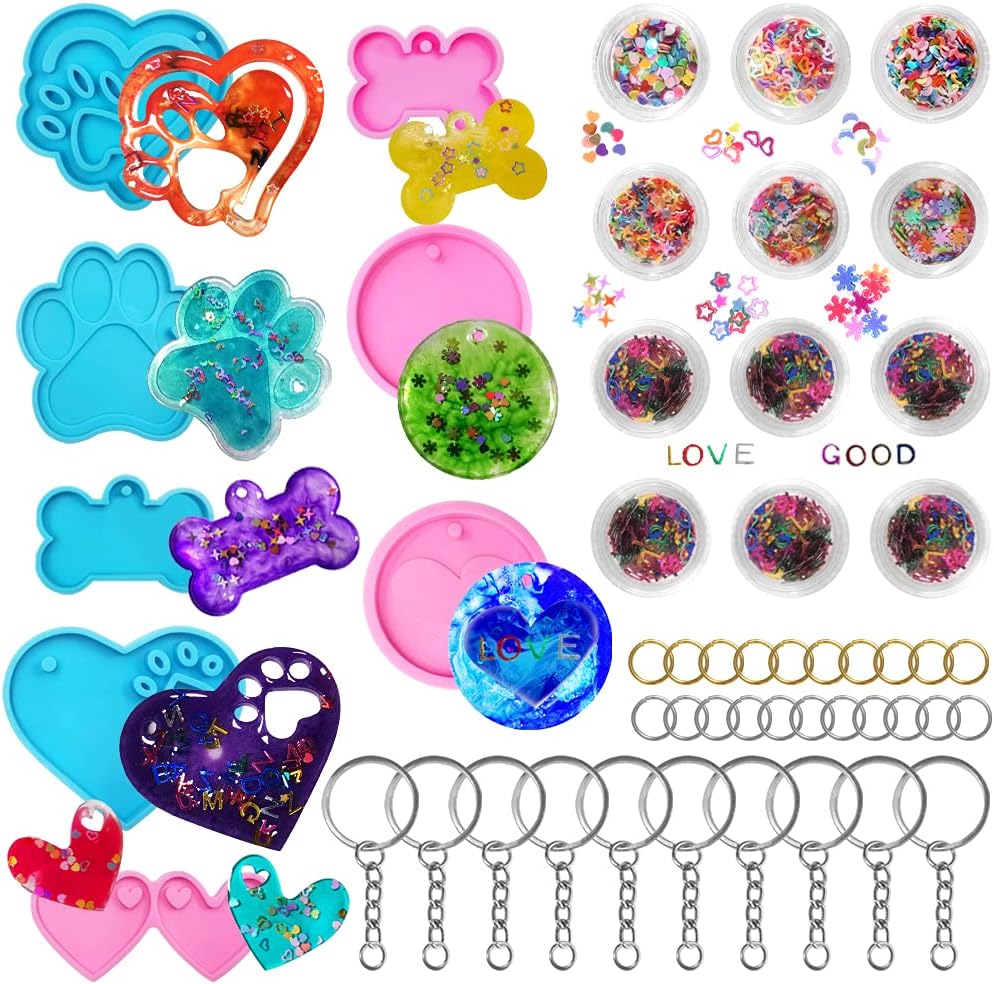 AFUNTA 8 PCS Resin Molds Silicone Kit, Keychain Molds for Epoxy Resin, Bear Paw Dog Bone Silicone Mold Heart Shaped Keychain Mold with 10 Key Rings, for DIY Keychain Pendant Craft, Chocolate, Candy