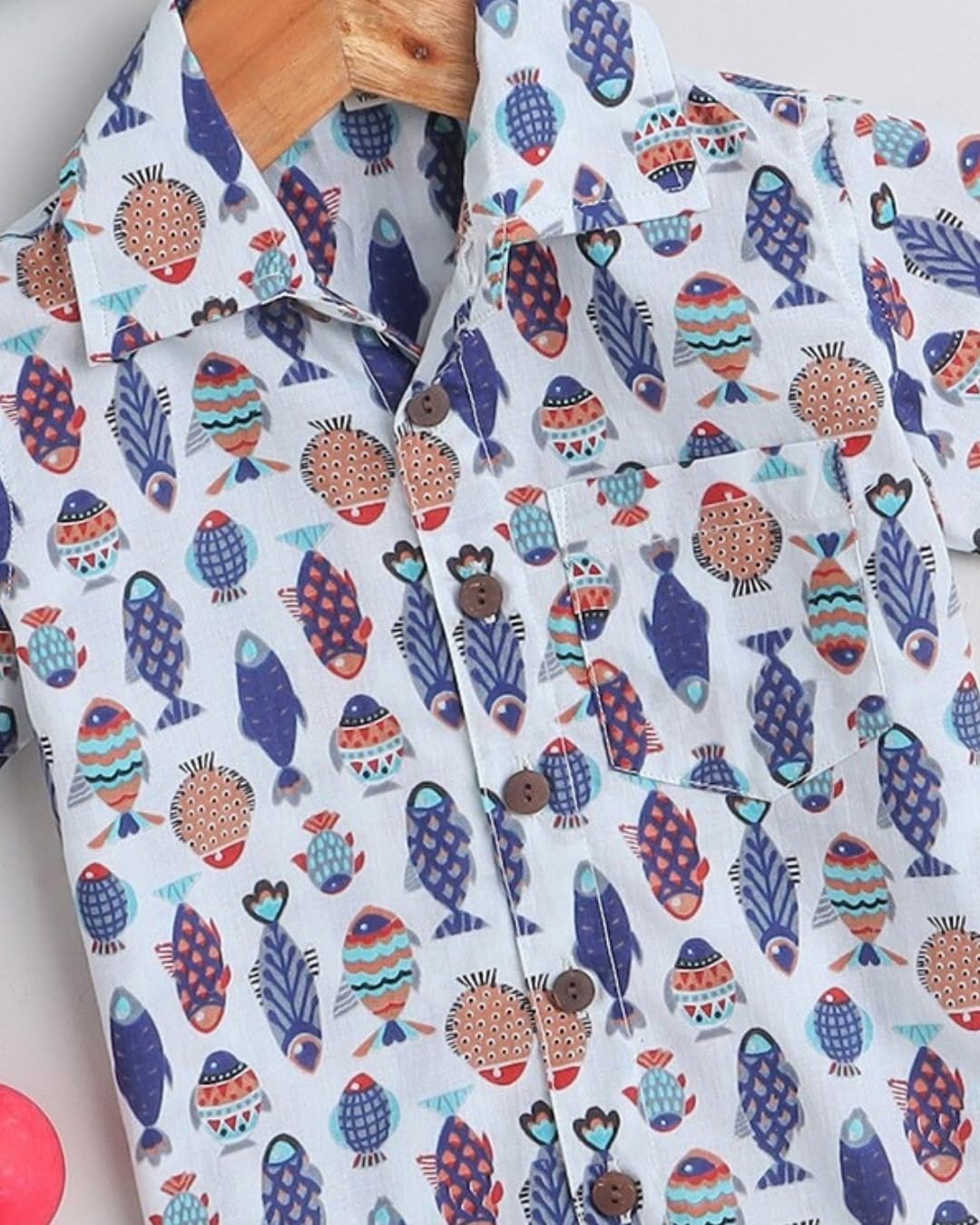Niren Enterprise Cotton Fabric Casual Half Sleeve Fish Printed Pattern Kids Boys Shirt White Multi Colour 1