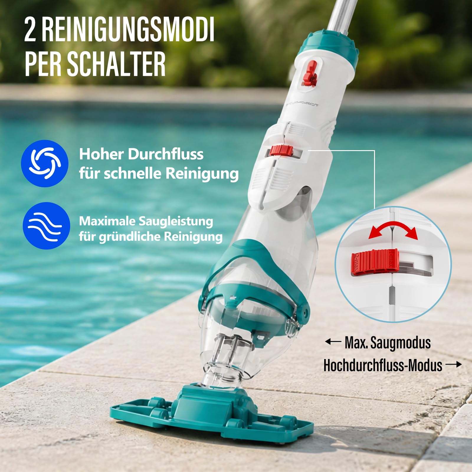 STARRYBOT Poolsauger Akku mit Teleskopstange, kabelloser Hand-Poolsauger mit 2 Reinigungsmodi, 72 l/min, 3 Filterbeutel, 60 Min Laufzeit, für Aufstellpool, Whirlpool & Spa, Blau