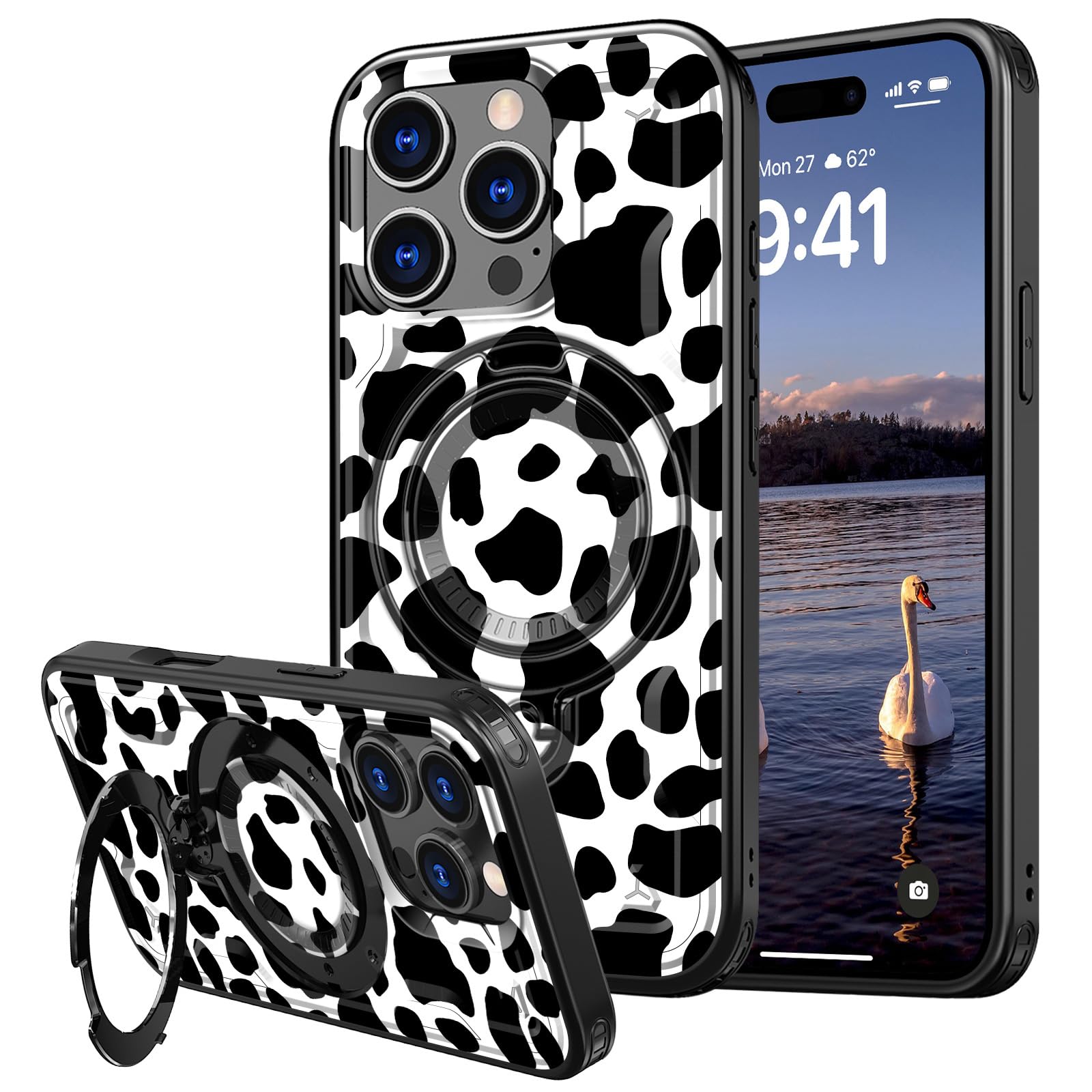 CAPAUNVDA for iPhone 16 Pro Max 6.9" Case with 360°Magnetic Ring Stand,Enhance Camera Protection Shockproof Case with Ring Holder for iPhone 16 Pro Max 6.9",Black Cow Print
