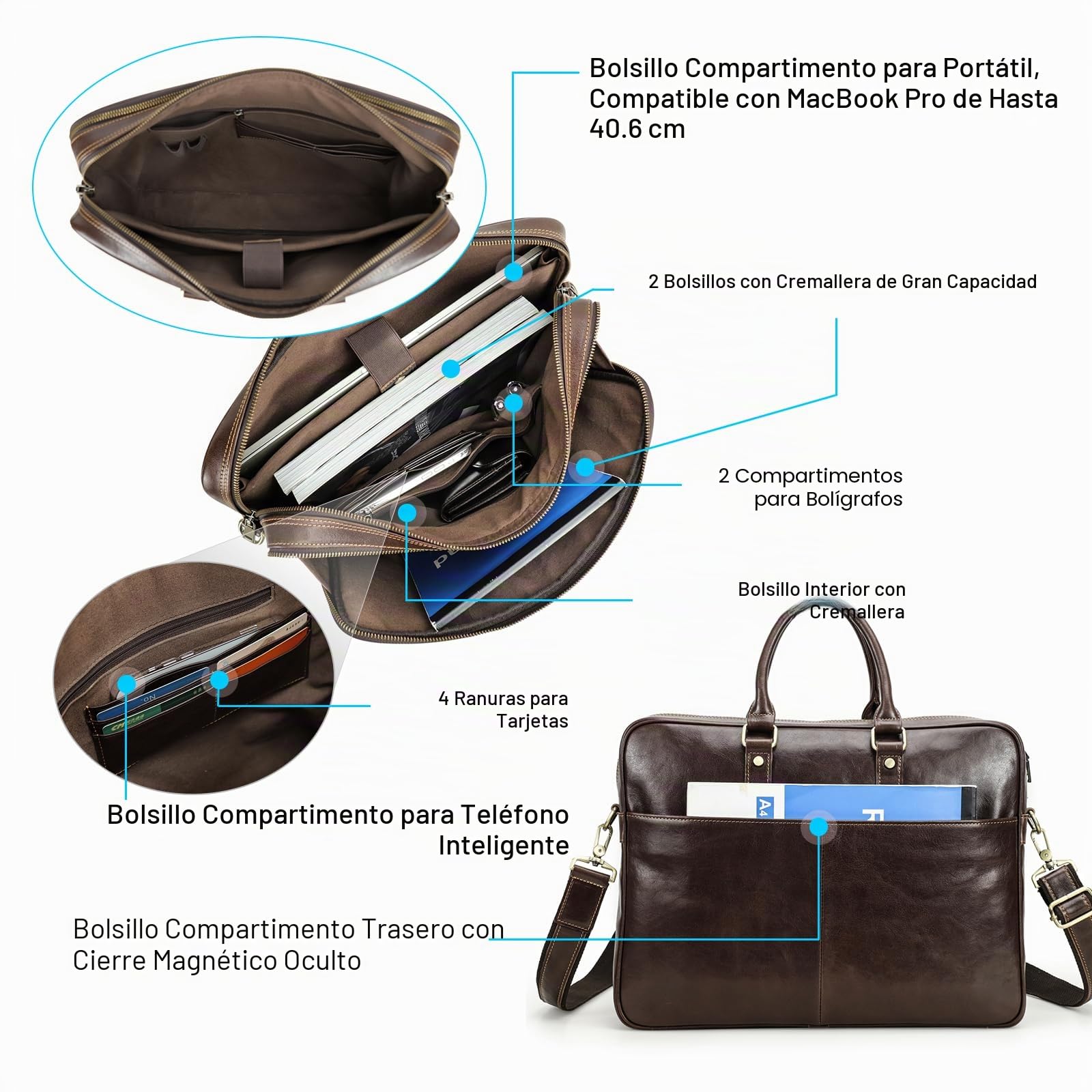 Contacts Maletín de piel auténtica para hombre de 14 pulgadas, bolso cruzado casual vintage para negocios, para hombres y mujeres, viajes, escuela, abogados