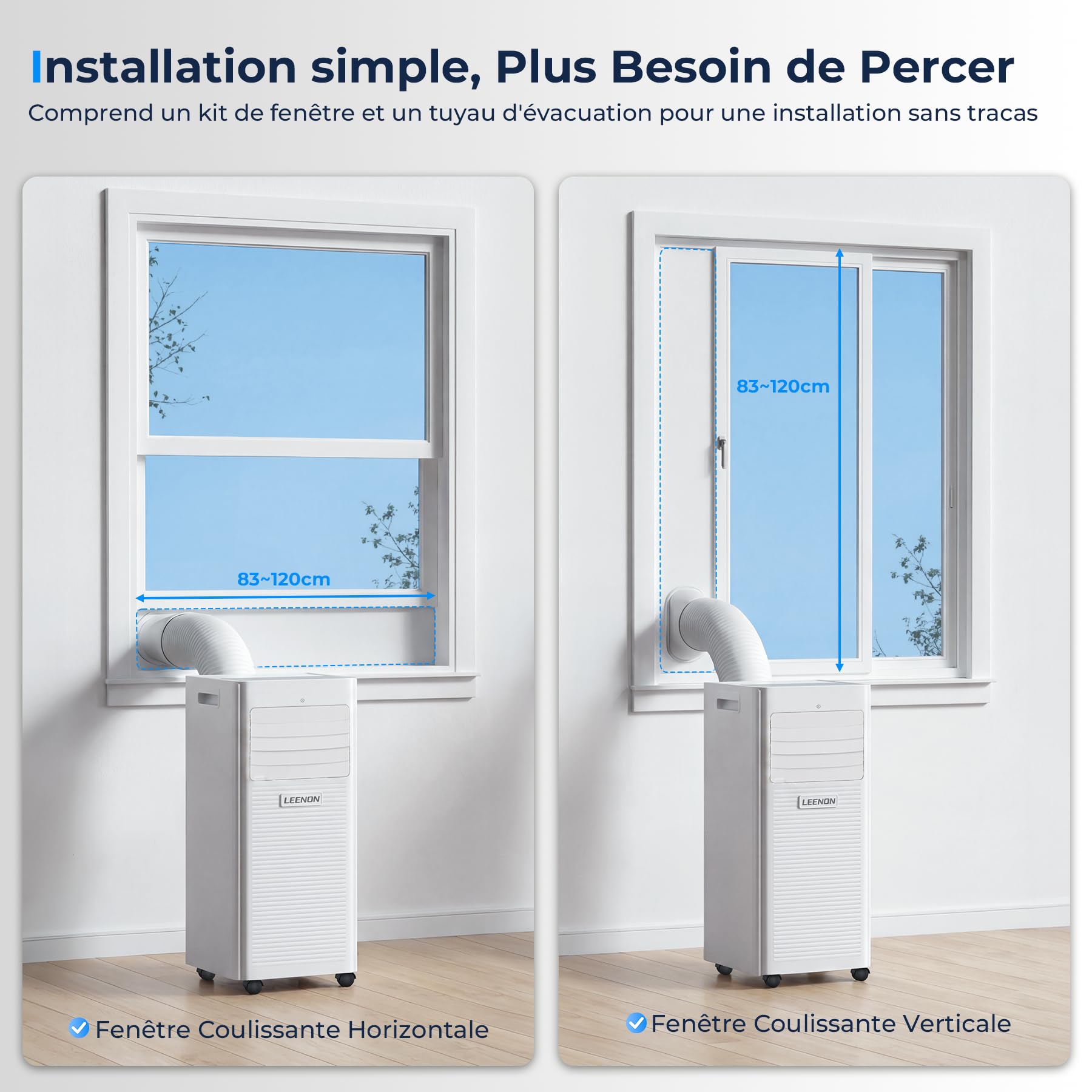 9000 BTU Climatiseur Mobile, LEENON 4 en 1 Climatisation Portable, Déshumidificateur & Ventilateur avec Télécommande, Minuterie 24H, Mode Nuit, Tuyau d'échappement, Mobile Clim pour Maison Bureau