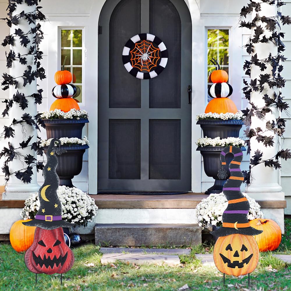 YEAHOME Dekoracje halloweenowe na zewnątrz, metalowe słupki ogrodowe z czapkami czarownic na Halloween, latarnia, dynia, podwórko, znaki na zewnątrz, trawnik, patio, dekoracje imprezowe