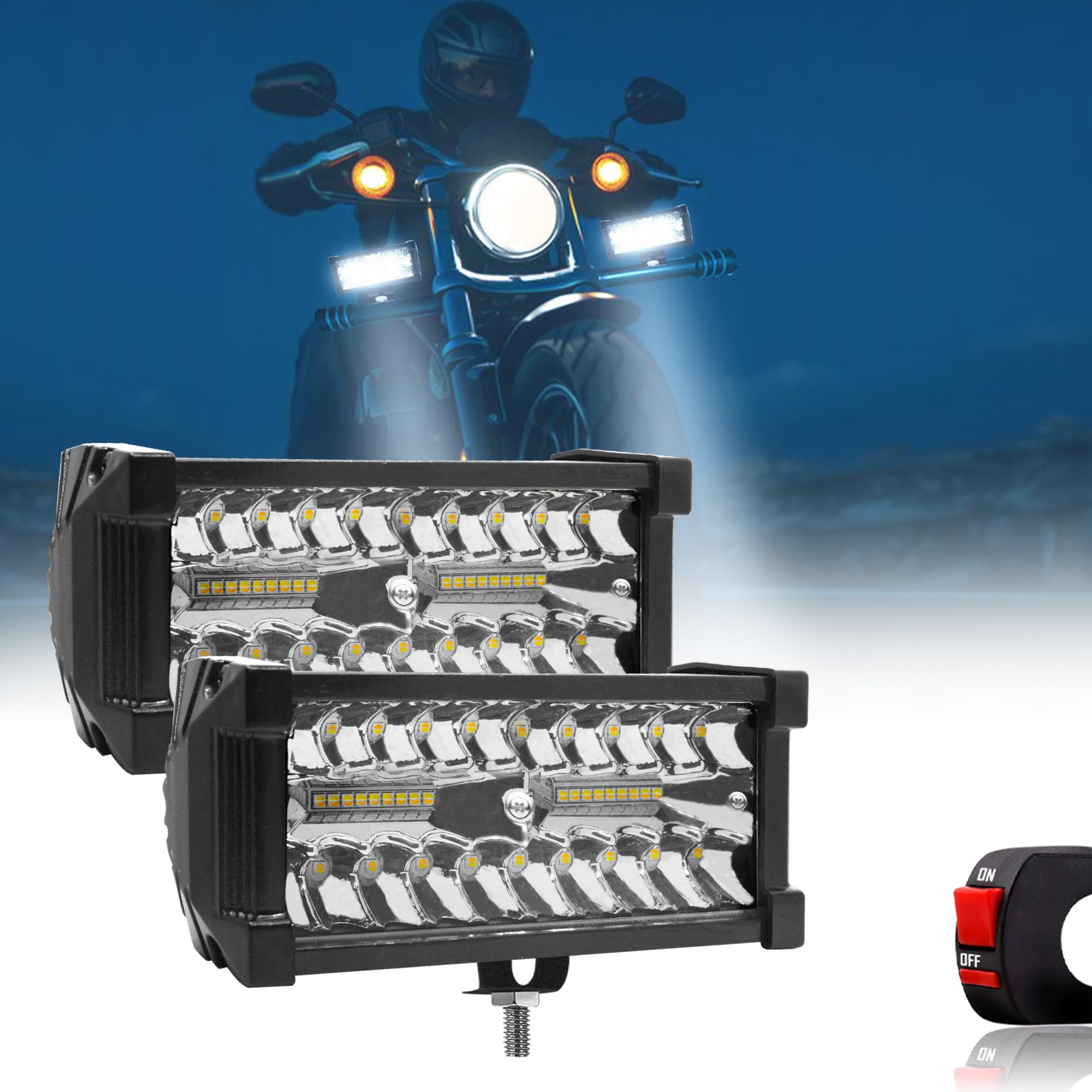 FABTEC Flood Spot Combo Beam Flashing 7 inch LED Fog Light with 5 Modes LED Bar Light LED Light with On/Off Switch Universal Light for Bikes and Cars (38 Led 7 inch) (Set of 2) (White and Yellow)-image-43