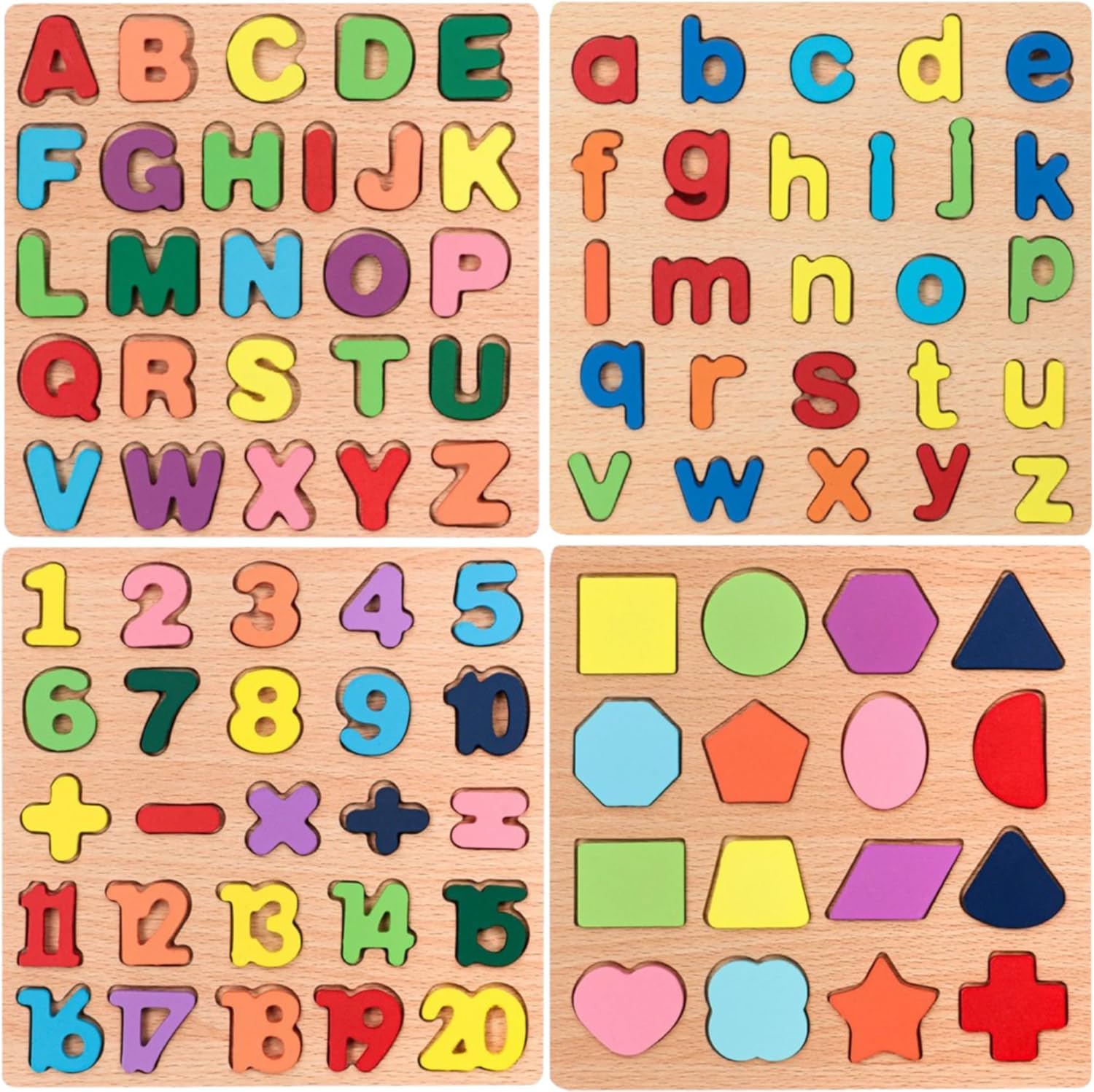 4-in-1 Wooden Alphabet Puzzle for Kids Ages 3+ – Upper & Lowercase Letters, Numbers & Shapes – Montessori Educational Learning Toy for Toddlers &