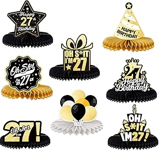 Oh S*it Iâ€™m 27 Happy 27th Birthday Honeycomb Centerpieces Balloons Confetti Theme Table Toppers Hello 27 Table Decorations Funny Birthday Decor for Women Men 27th Birthday Supplies Black and Gold