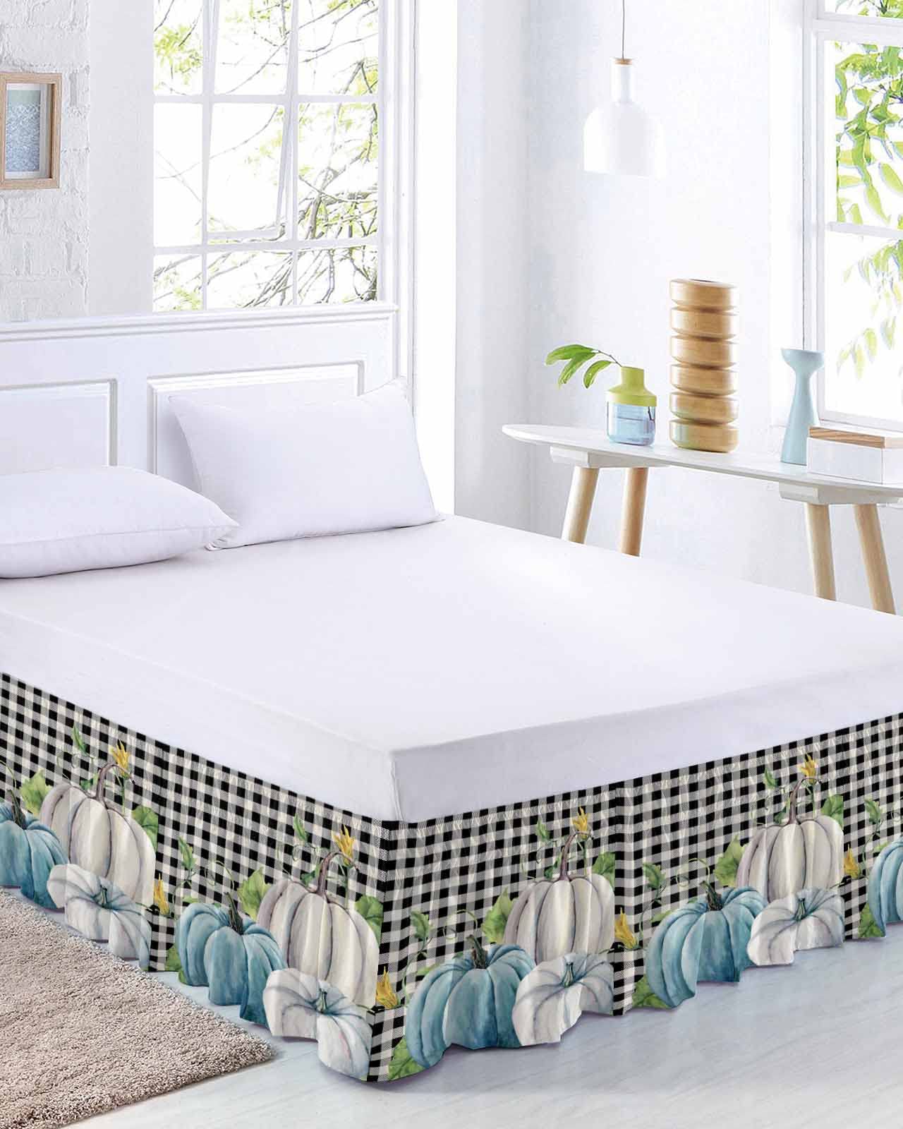 Thanksgiving Bed Skirt California King 18 Inch Drop, Fall Pumpkin Eucalyptus Leaves Black White Plaid Adjustable Elastic Wrap Around Bed Skirts Pleated Bed Ruffles Bedskirt for Bedroom Hotel