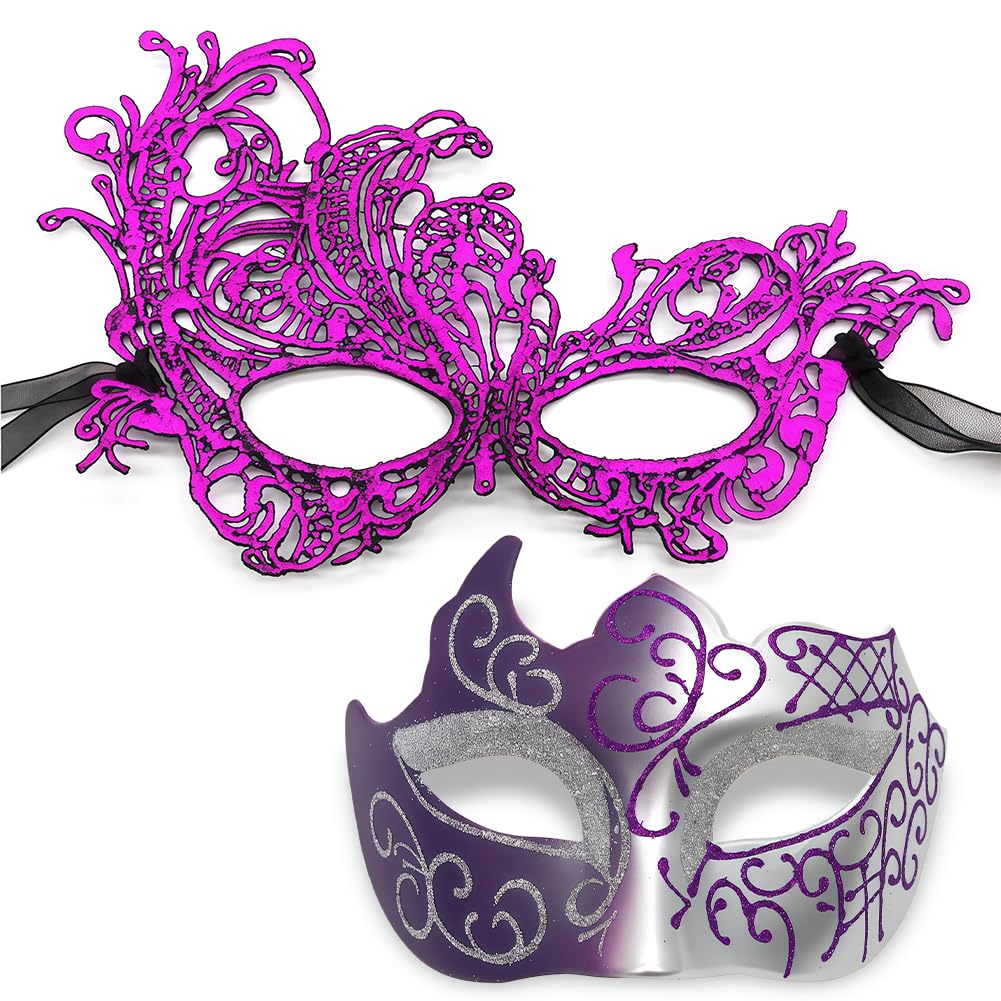 HATFRYF 2 Pcs Masquerade Mask, Masquerade Masks for Couples, Halloween Costume Mardi Gras Mask, for Masquerade Venetian Carnival Party Dress (Purple)