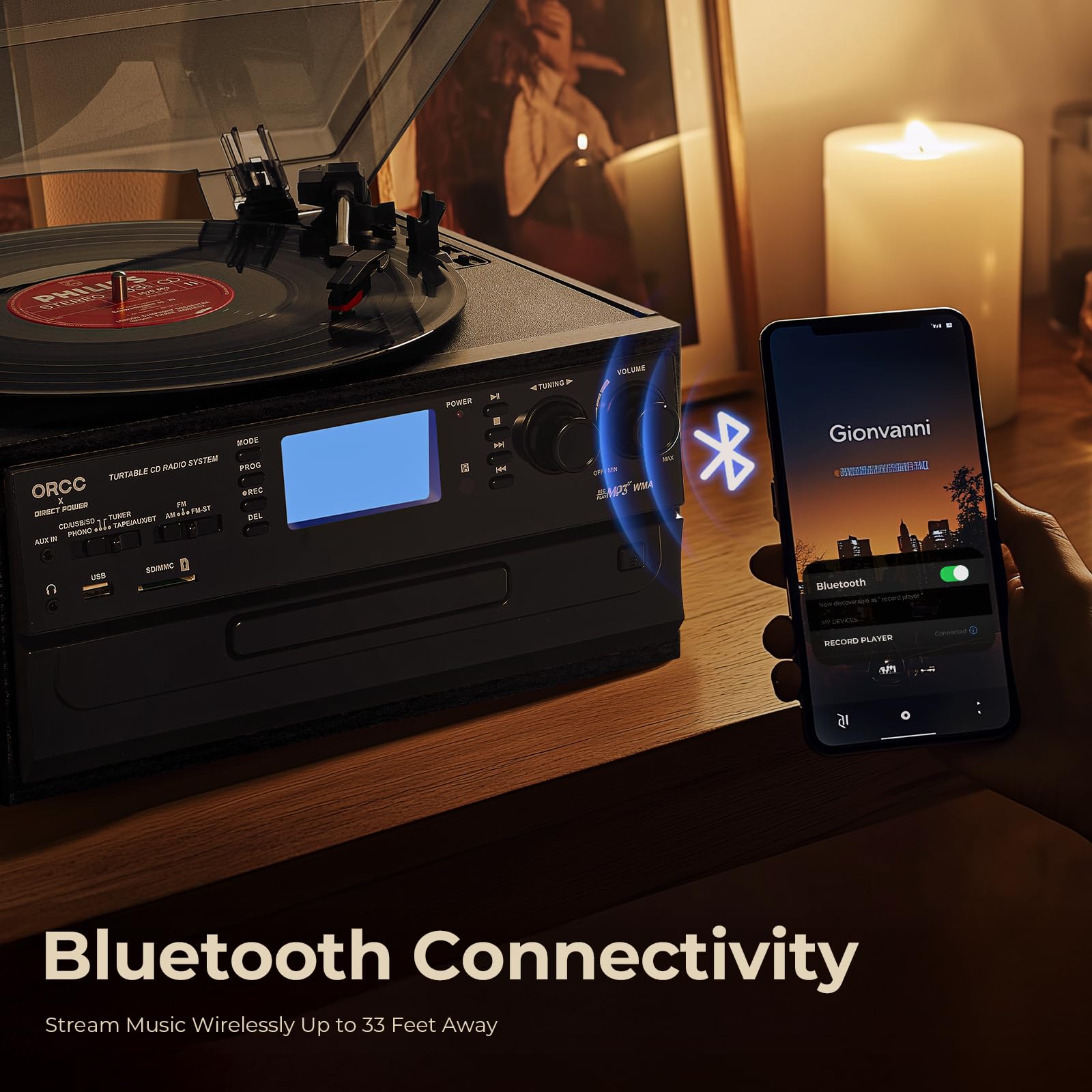 ORCC Giradischi 10 in 1, con carta regalo, giradischi in vinile per 33/45/78 giri/min, riproduzione e registrazione CD/USB/SD, Bluetooth e telecomando, radio FM/AM per gli amanti della musica, grigio